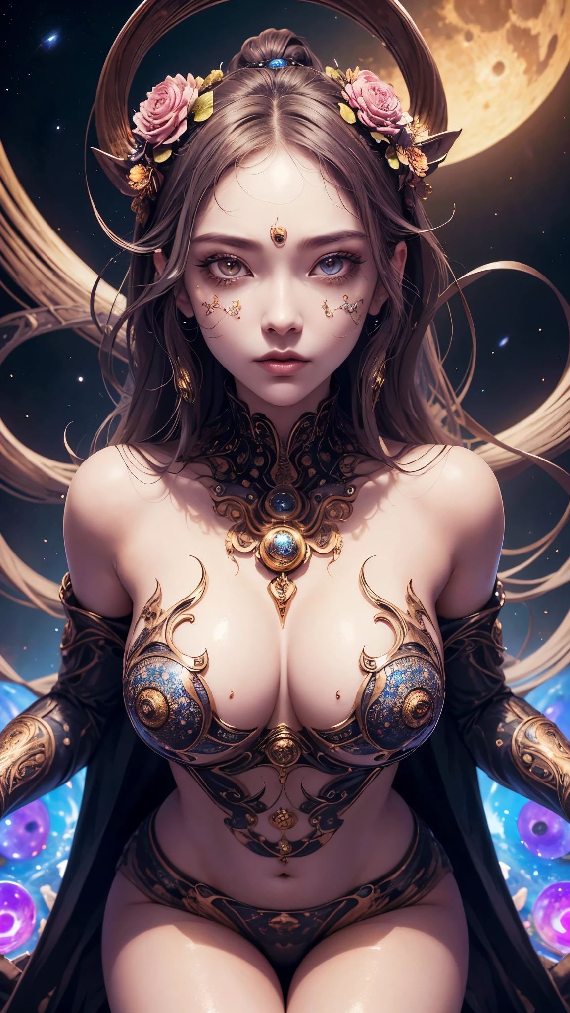 whole body像,(best quality,Super detailed,Best Best Illustration,best shadow,masterpiece,high resolution,professional artwork,famous artwork),细致s eyes,美丽s eyes,Close-up cleavage,Wind and clouds,Colored sclera,s eyes,facial markings,Tattoos are,(fractal,fractal eyes),big eyes,big eyes,(eye focus),surface focus,cosmic eye,space eye,Close up of metal sculpture of woman with moon in her hair,welcome。extremely high detail,3 d welcomes portrait,Extremely detailed footage of the welcomes,a stunning portrait of a welcomes,Side image of the welcomes,portrait of a beautiful welcomes,Full body close-up portrait of the welcomes,hecate welcomes,portrait of a norse moon welcomes,welcomes of space and time,(original photo:1.2),camel toe,hollowed out,Sweaty legs,, smooth pink skin, shining金属光泽皮肤, shining,spread legs,M-shaped legs,angry expression,sullenness,exasperation, whole body,whole body像