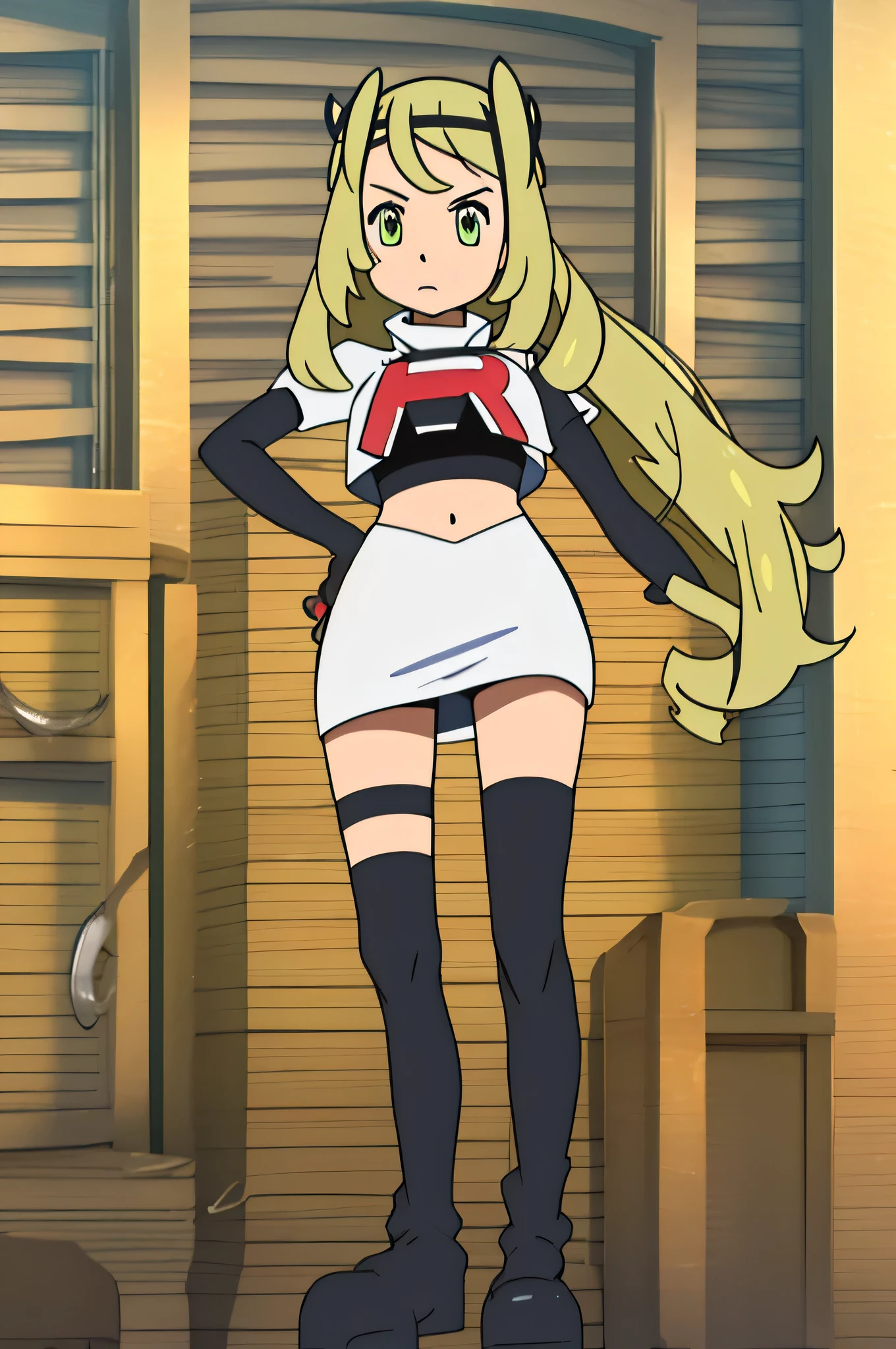8k, masterpiece,highres, team rocket uniform, red letter r, white skirt,white crop top,black thigh-high boots, black elbow gloves, glaring angrily, looking down at viewer, hands on hips, cowboy shot, zettai ryouiki,spread legs,from below, black panties,anime style, vivid colors, sharp focus, intense lighting,