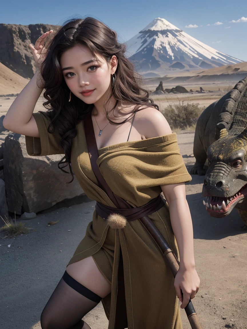 highest quality、masterpiece、ultra high resolution、(realistic:1.4)、Beautiful woman、Take a full body photo、beautiful eyes and skin details、smile、brown curly hair、fur one shoulder cloth scrap、holding a stone ax、Volcano erupts in the background、fighting dinosaurs