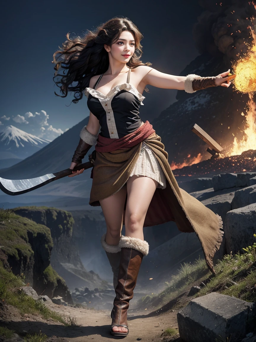 highest quality、masterpiece、ultra high resolution、(realistic:1.4)、Beautiful woman、Take a full body photo、beautiful eyes and skin details、smile、brown curly hair、fur one shoulder cloth scrap、holding a stone ax、Volcano erupts in the background、fighting dinosaurs