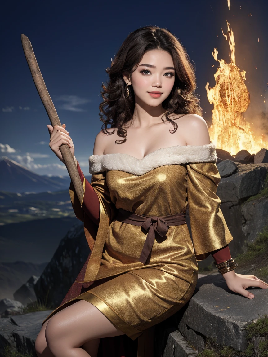 highest quality、masterpiece、ultra high resolution、(realistic:1.4)、Beautiful woman、Take a full body photo、beautiful eyes and skin details、smile、brown curly hair、fur one shoulder cloth scrap、holding a stone ax、Volcano erupts in the background、fighting dinosaurs