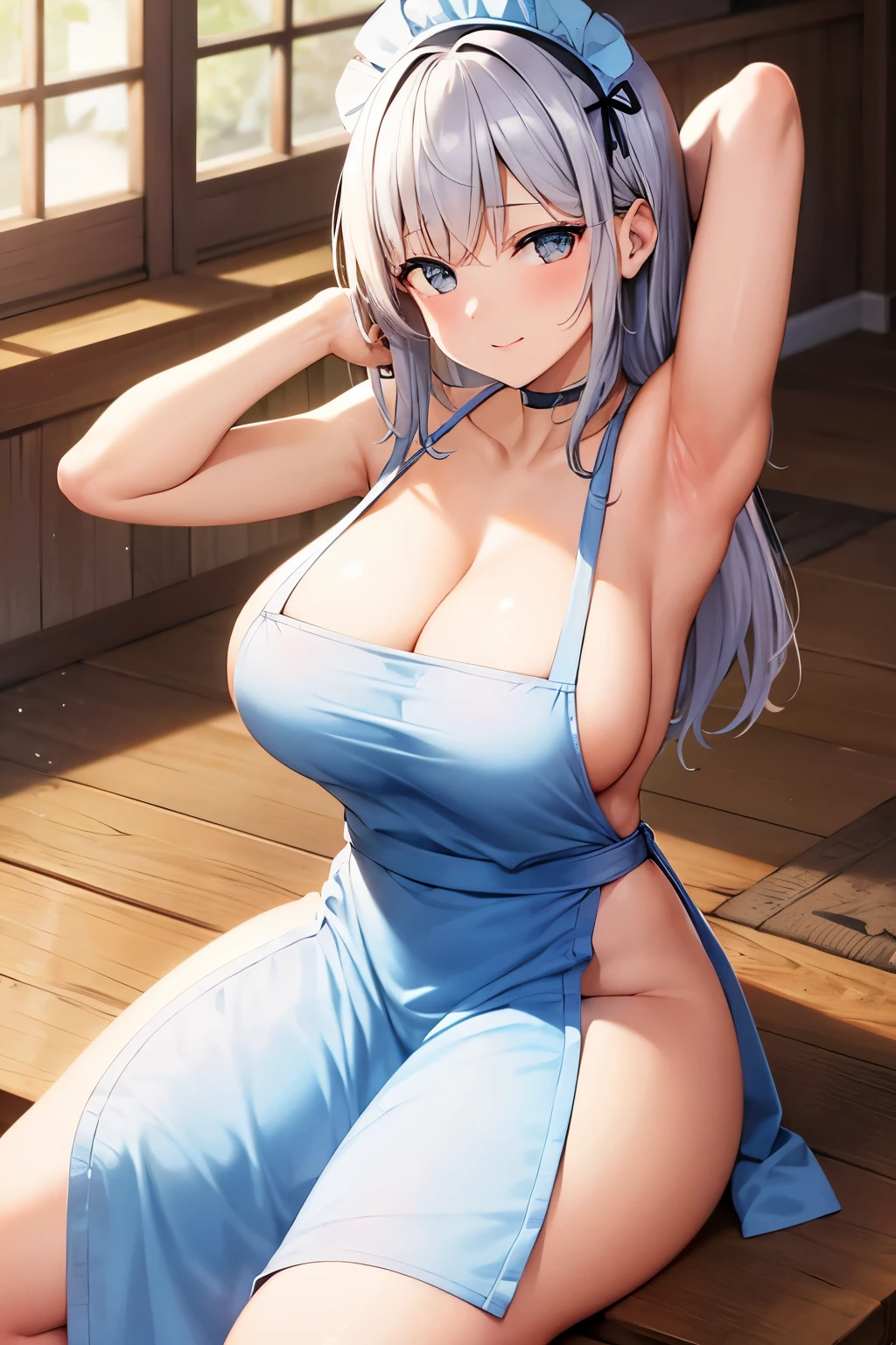 Female, Naked Apron, Curvy, Sitting, Armpit, No Bottoms
