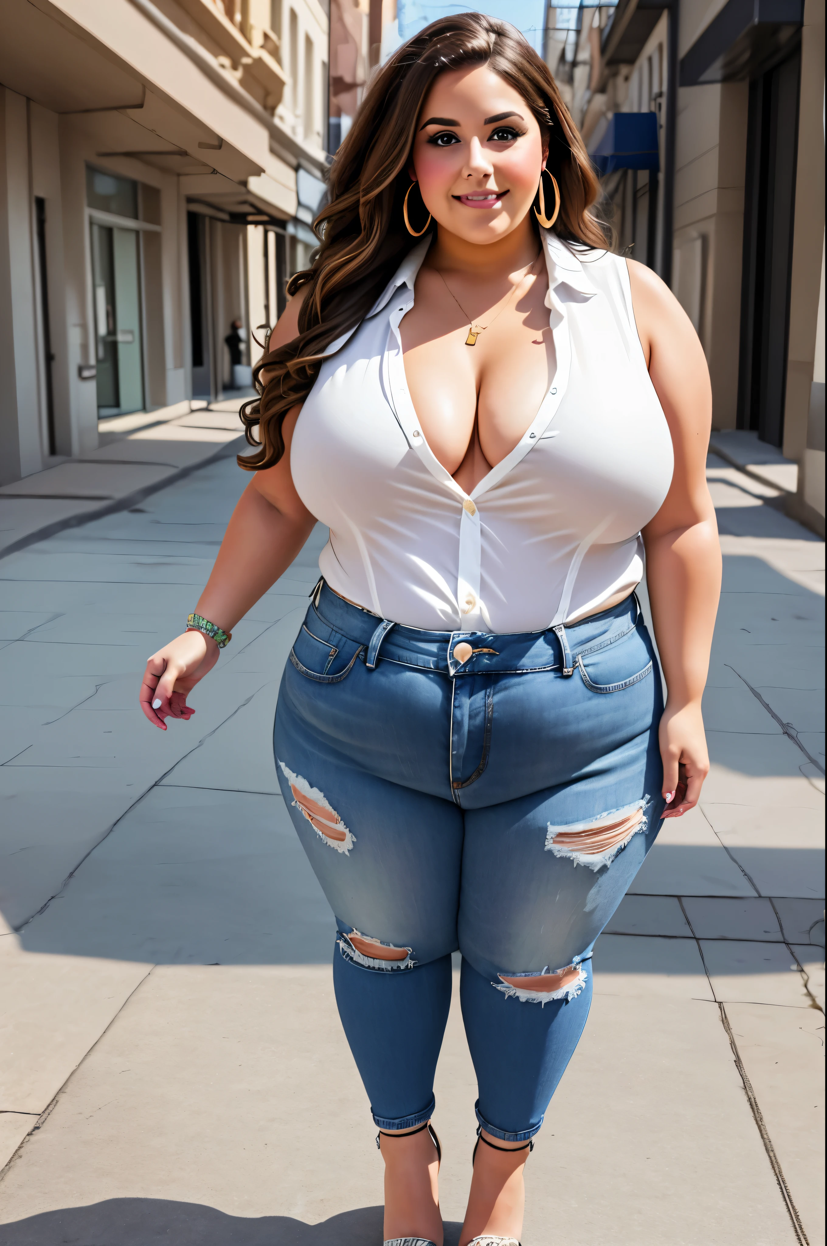 ssbbw, an obese women with rolls upon rolls of fat and chubby feet. brunette with long flowy hair woman with jeans and a sleeveless button up shirt. she also has large hoop earrings and is wearing toeless highheel pumps. her toenails and fingernials are painted a bright white