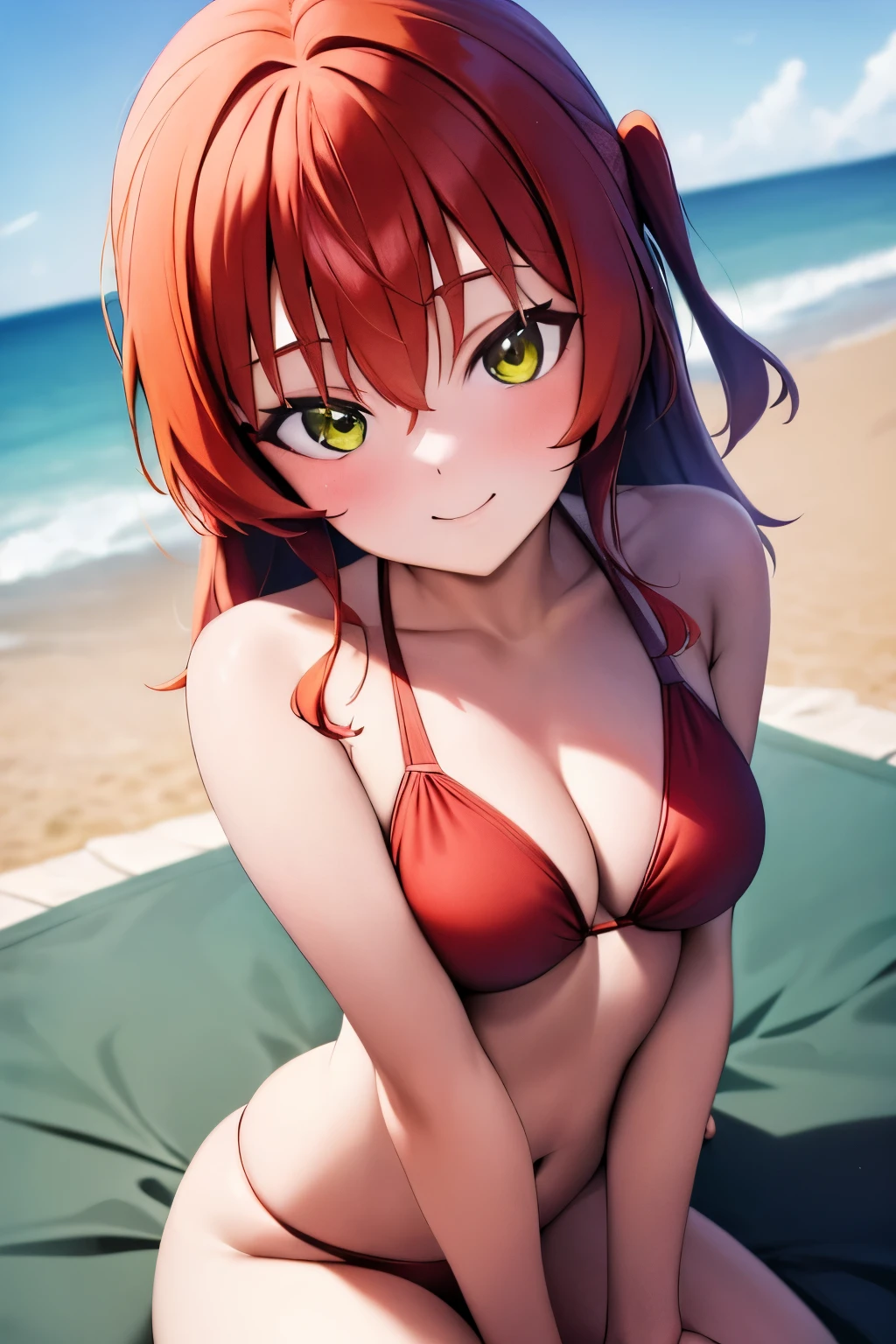 (masterpiece, best quality: 1.2), close-up photo, anime girl with red hair and red bikini,  greenish yellow eyes, smile at me, sitting on the beach, very detailed, best quality, perfect face , very high quality, very detailed, she is , cheeks very red, butt visible,