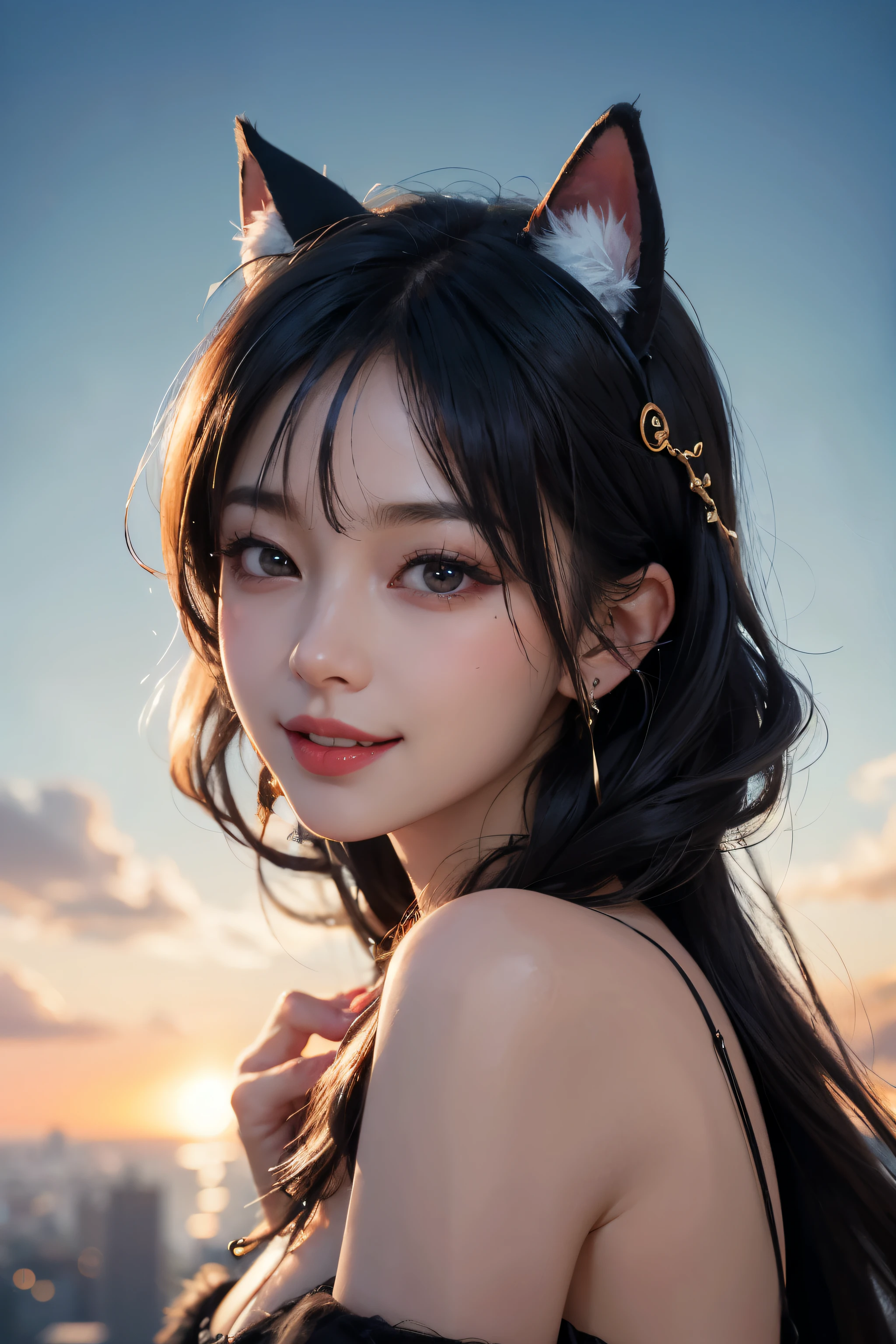 black hair, hair bobbles, wince, longeyelashes, solid circle eyes, fake animal ears, light smile, ear blush, fang, Surrealism, drop shadow, anaglyph, stereogram, tachi-e, pov, atmospheric perspective, 8k, super detail, ccurate, best quality