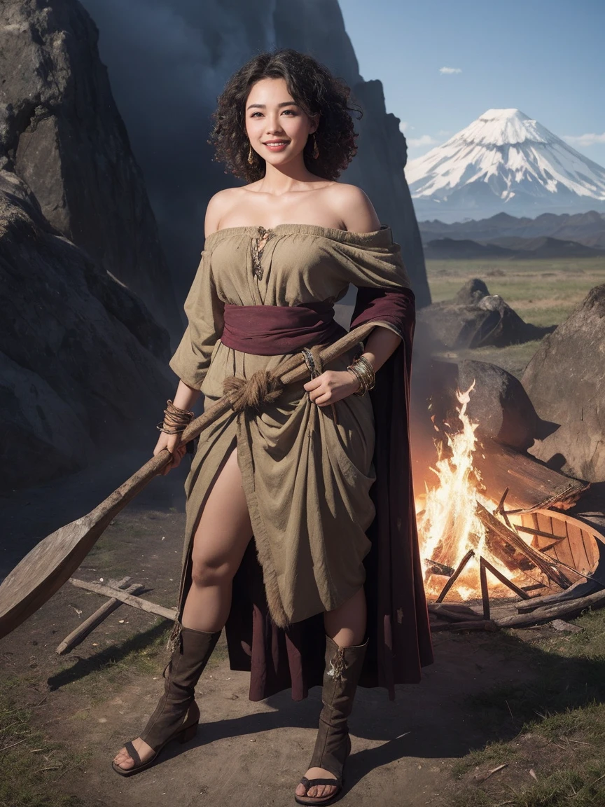 highest quality、masterpiece、ultra high resolution、(realistic:1.4)、Beautiful woman、Take a full body photo、beautiful eyes and skin details、smile、curly hair、Primitive period、Fur One Shoulder Dress、dark skin、Has a stone ax and a bow、A volcano erupts in the background、is hunting