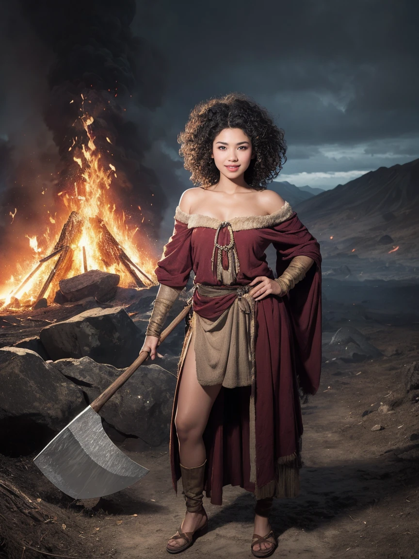 highest quality、masterpiece、ultra high resolution、(realistic:1.4)、Beautiful woman、Take a full body photo、beautiful eyes and skin details、smile、curly hair、Primitive period、Fur One Shoulder Dress、dark skin、Has a stone ax and a bow、A volcano erupts in the background、is hunting