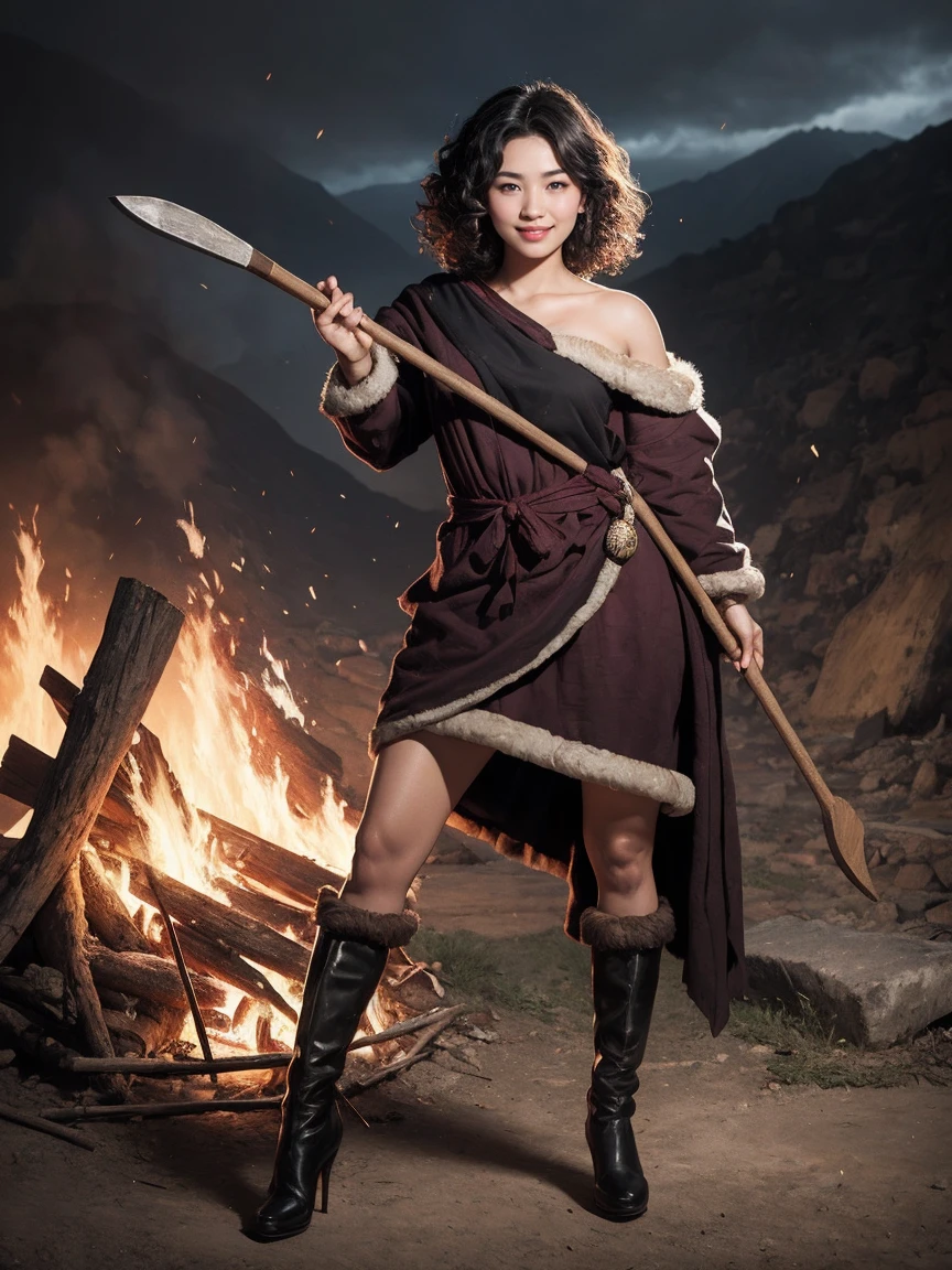 highest quality、masterpiece、ultra high resolution、(realistic:1.4)、Beautiful woman、Take a full body photo、beautiful eyes and skin details、smile、curly hair、Primitive period、Fur One Shoulder Dress、dark skin、Has a stone ax and a bow、A volcano erupts in the background、is hunting