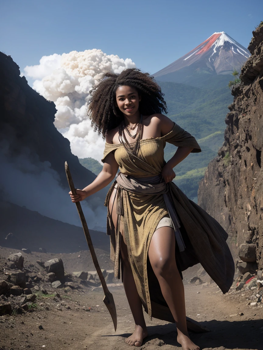 highest quality、masterpiece、ultra high resolution、(realistic:1.4)、Beautiful woman、Take a full body photo、beautiful eyes and skin details、smile、curly hair、Primitive period、Fur One Shoulder Dress、dark skin、Has a stone ax and a bow、A volcano erupts in the background、is hunting