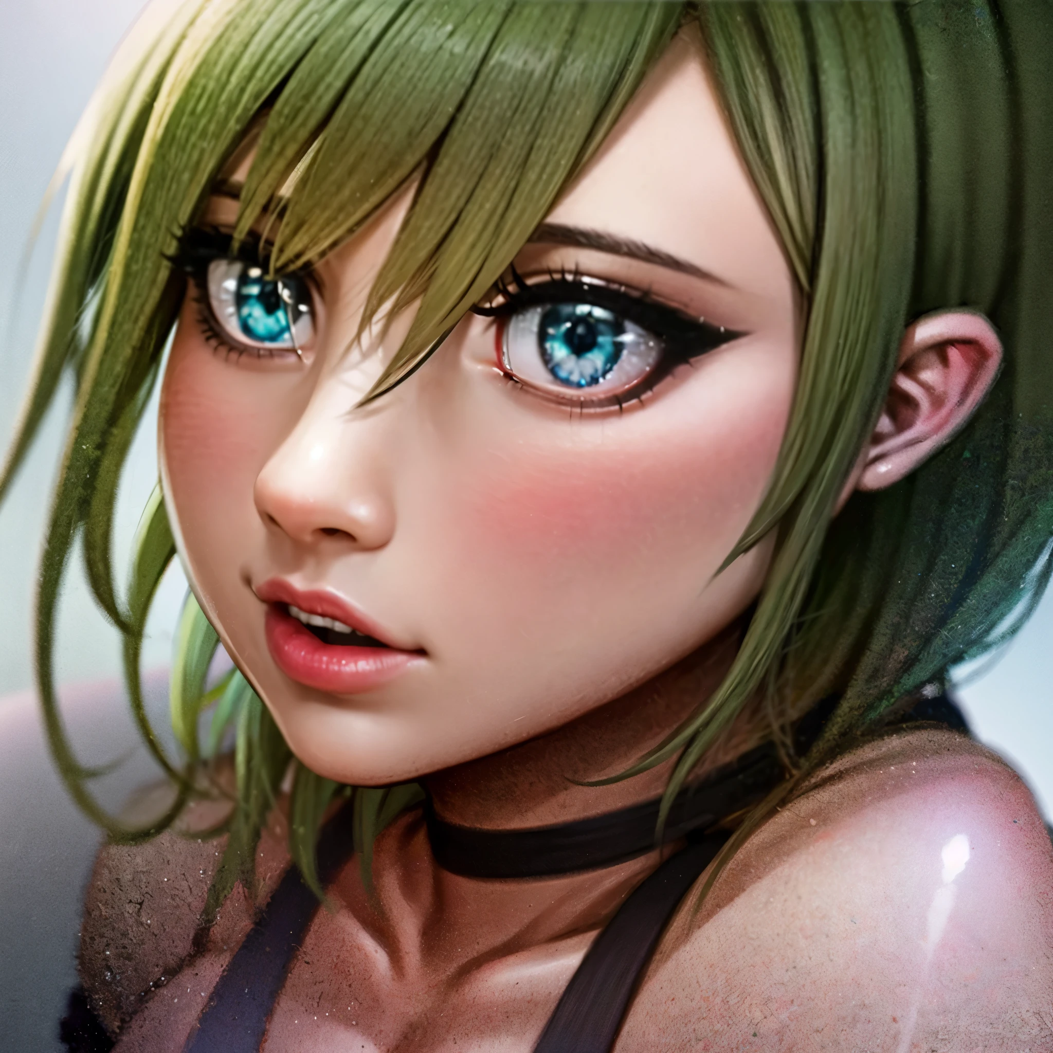 Portrait of young woman, short green hair, 8k, ultra detailed, ultra sharp, realistic, striking gorgeous eyes, volumetric lighting, 8k photo,model RealisticVision4