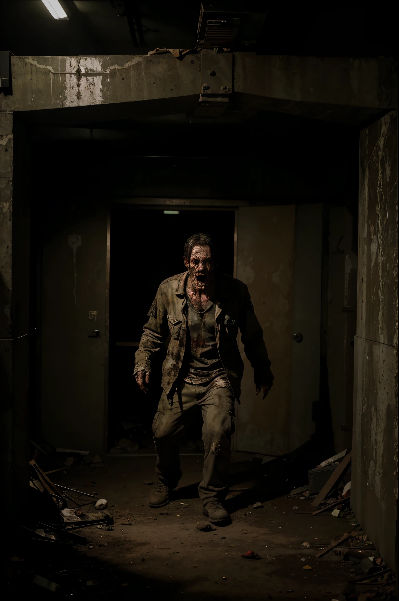 Rotting zombie horde inside dark underground bomb shelter. Horror. Photorealistic, 4K, Nikon.