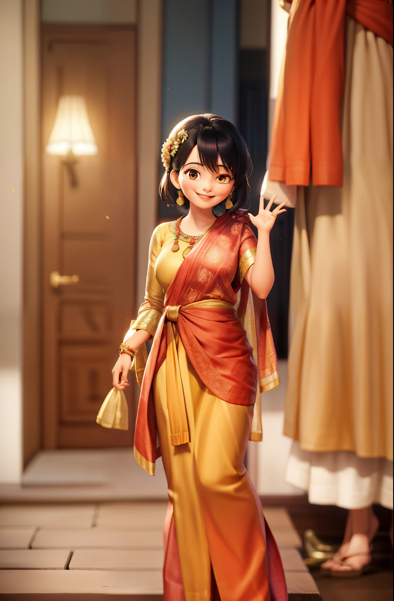 a close up of a woman in a sari smiling for the camera, traditional beauty, wearing bihu dress mekhela sador, a still of a happy, beautiful and smiling, wearing a sari, with a beautifull smile, dressed in a sari, inspired by Bikash Bhattacharjee, wearing sari, candid photograph, with lovely look