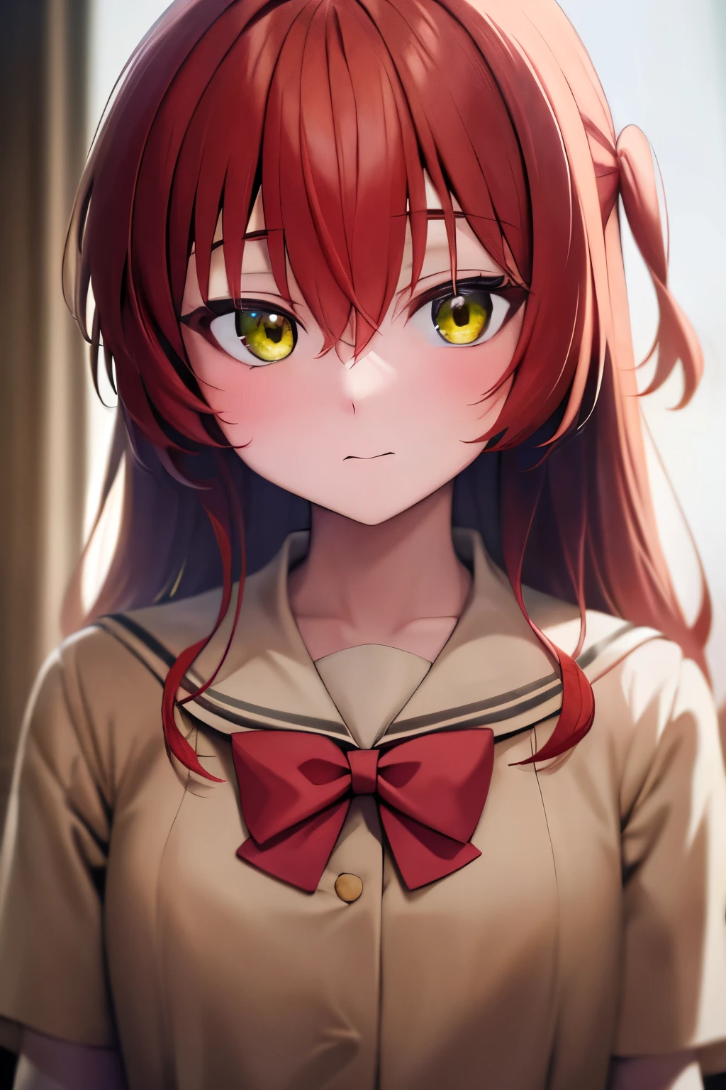 (masterpiece, best quality: 1.2), close-up photo, anime girl with red hair and white school shirt and red bow tie, yellow shirt buttons, greenish yellow eyes, depressed mood, at school, very detailed, best quality, perfect face , very high quality, very detailed, she is 17 Year old, gray black short skirt,