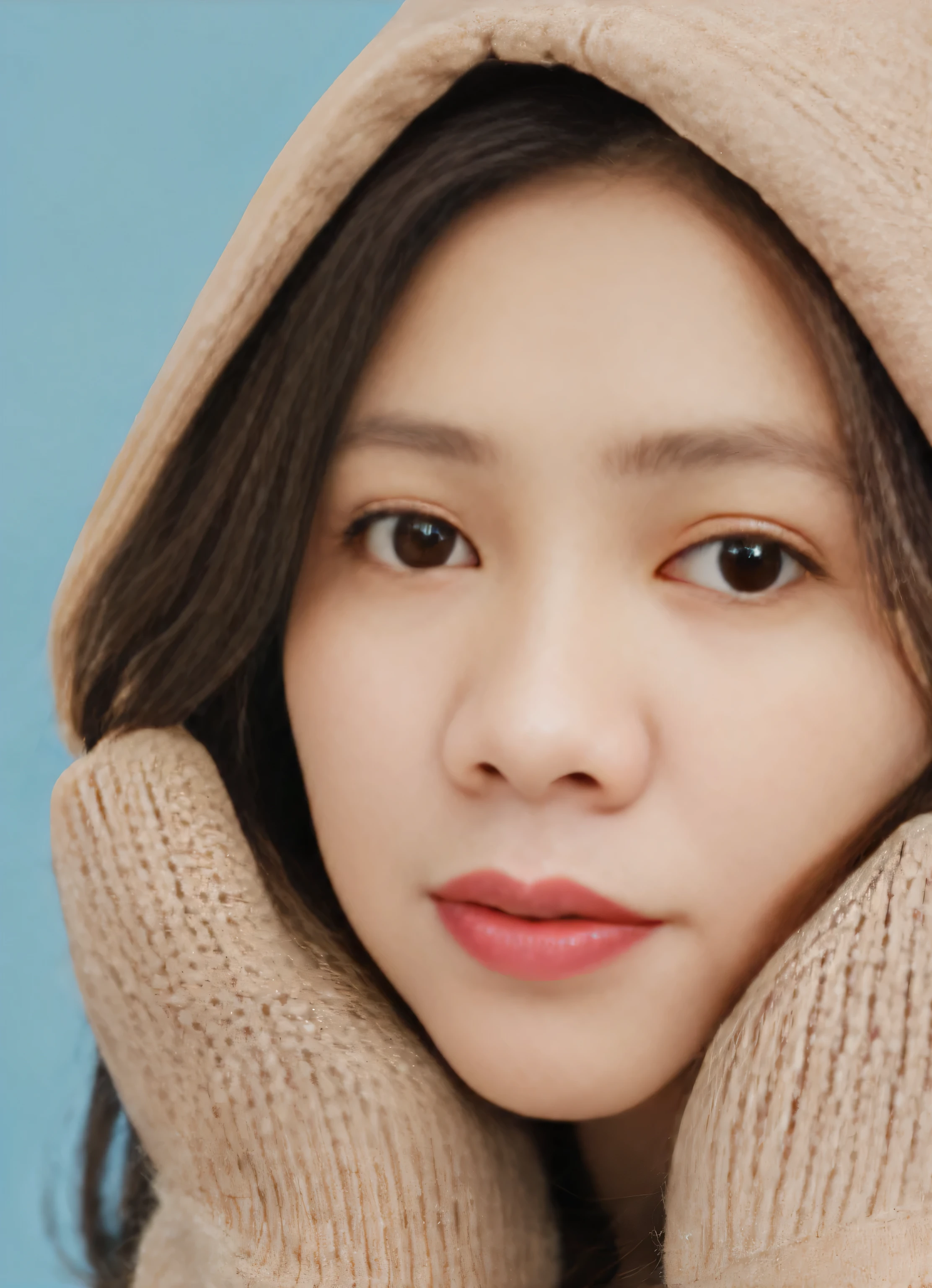 arafed woman in a beige sweater and mittens posing for a picture, portrait of jossi of blackpink, portrait of female korean idol, close up portrait photo, close - up studio photo, soft portrait shot 8 k, black haired girl wearing hoodie, girl wearing hoodie, heonhwa choe, young adorable korean face, ji-min, a young asian woman