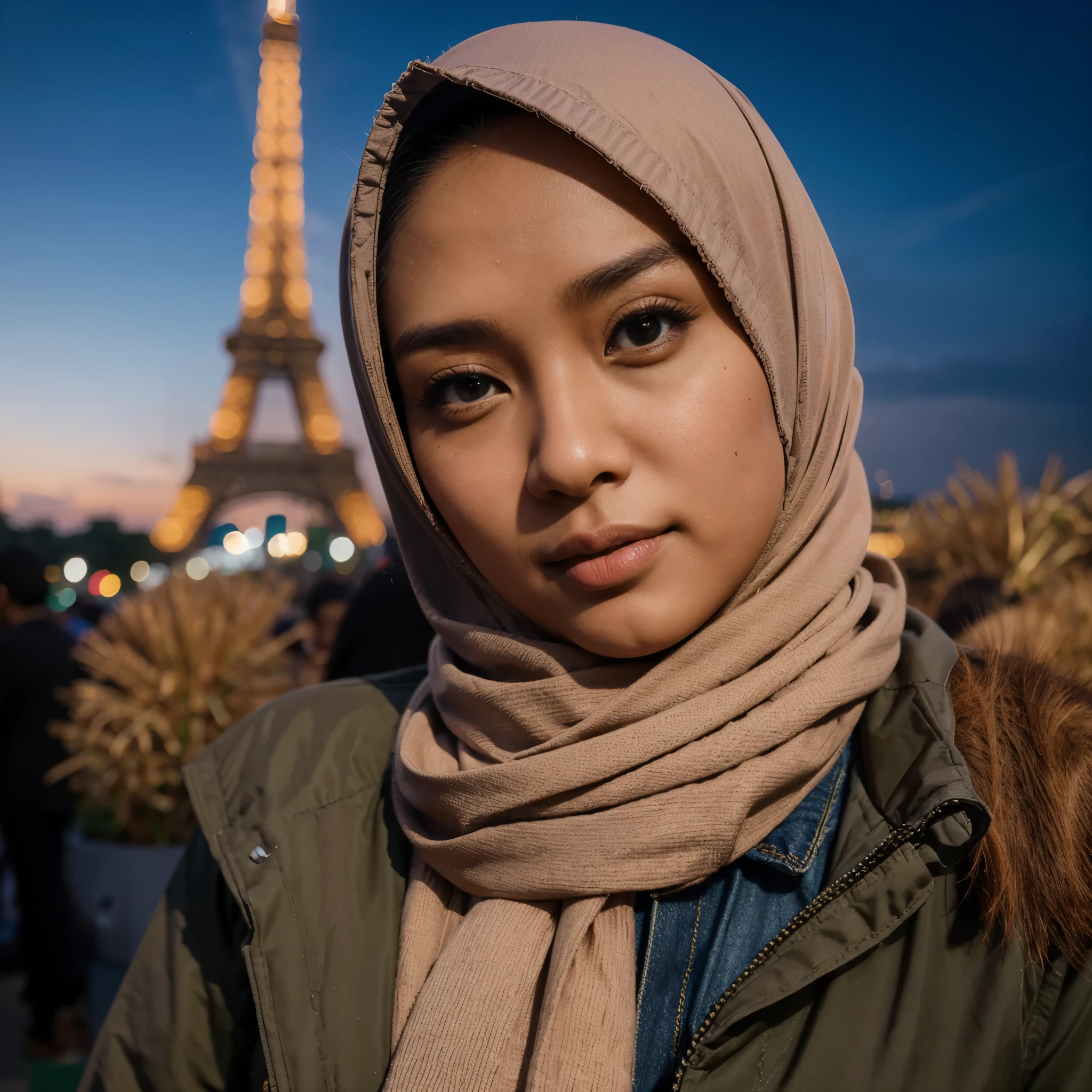 foto wanita Indonesia Jawa (25 tahun, wajah lonjong dan bersih, hijab, badan kurus, kulit ala Indonesia, memakai jaket musim dingin tebal, celana jeans) berdiri berpose bak model di paris, foto agak miring ke samping, terlihat wajah, suasana malam, pencahayaan minim, cahaya matahari terbenam, ultra HD, foto asli, sangat detail, sangat tajam,