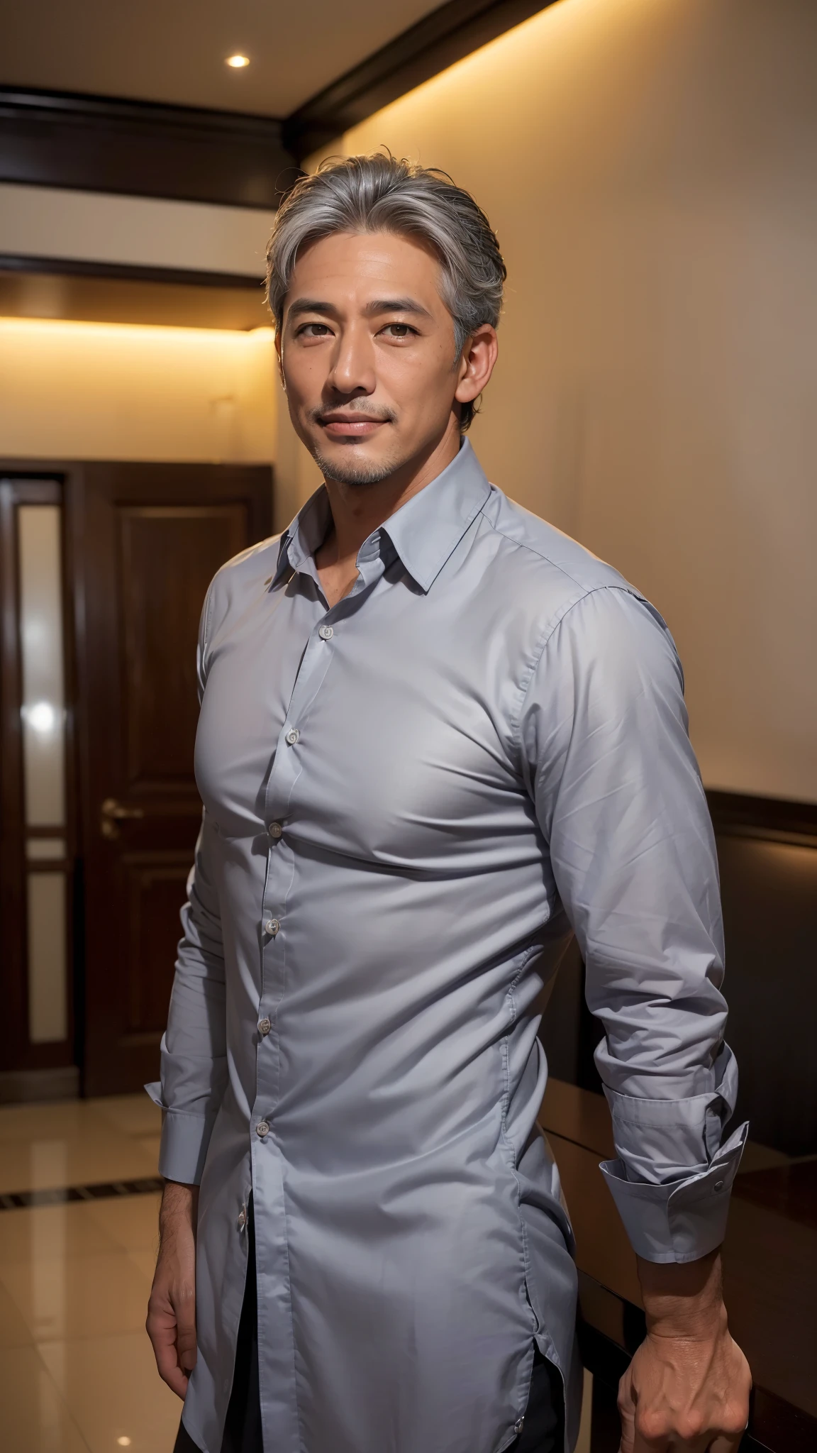 (best qualtiy, master piece, high resolution:1.4), (Photorealistic, raw photo:1.2), (solo), (male:1.5), (asian:1.7), modeled, (handsome:1.3), (dark blown eyes:1.2),shoot from front,smile, (50 years old), (gray hair:1.3), (extra short hair:1.2), (dress shirt:1.3), midnight,(In a room, in luxury hotel)