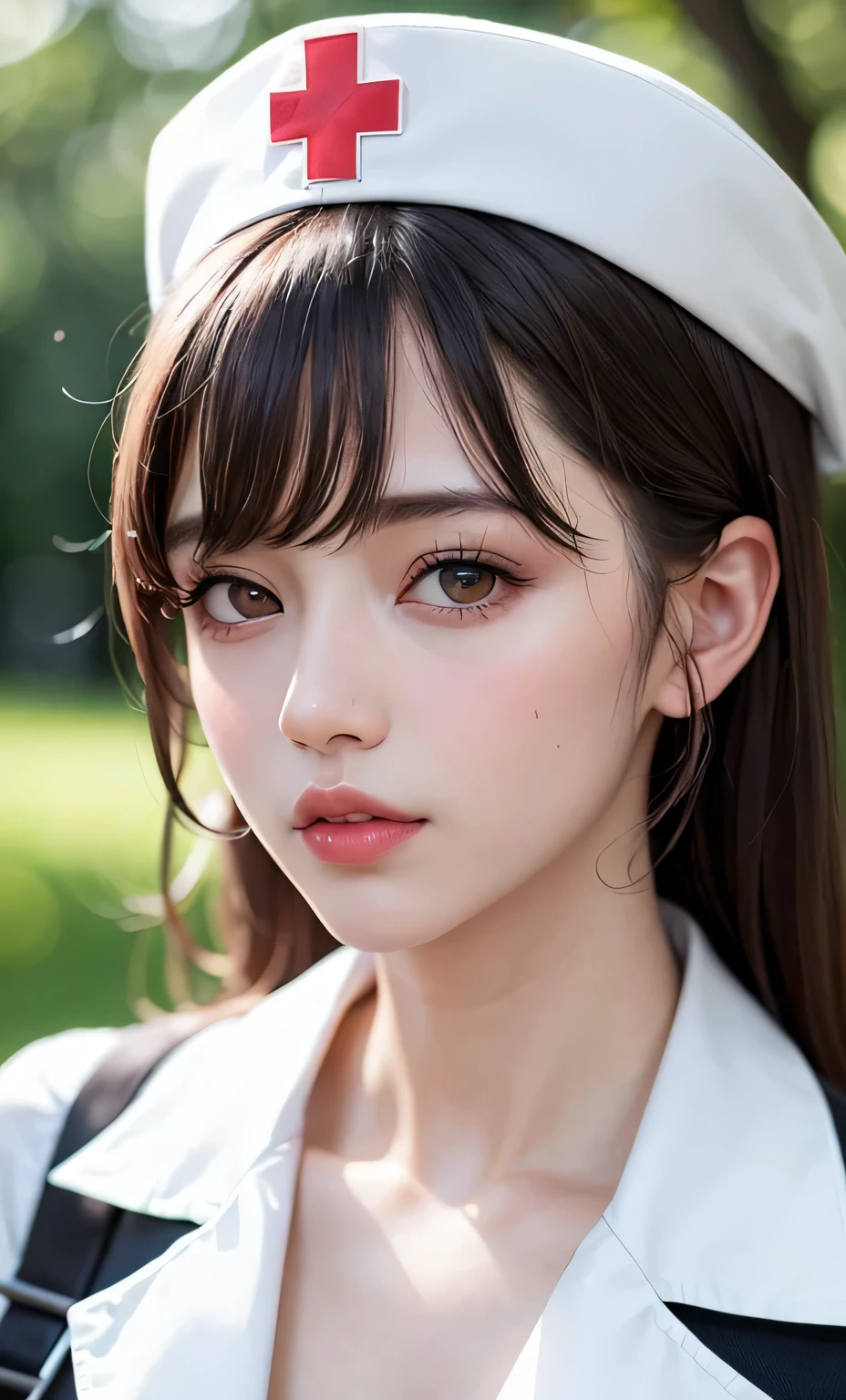 (8K, RAW photo, realistic: 1.25), (lip gloss, eyelash, shiny face, Glossy skin, highest quality, ultra high resolution, written boundary depth, chromatic aberration, caustics, wide lighting, natural shading, K-POP idol) People who see it can feel calm, Goddess-like elation., brown hair, I can see through my clothes, glossy lips, liquid on top,  nurse uniform