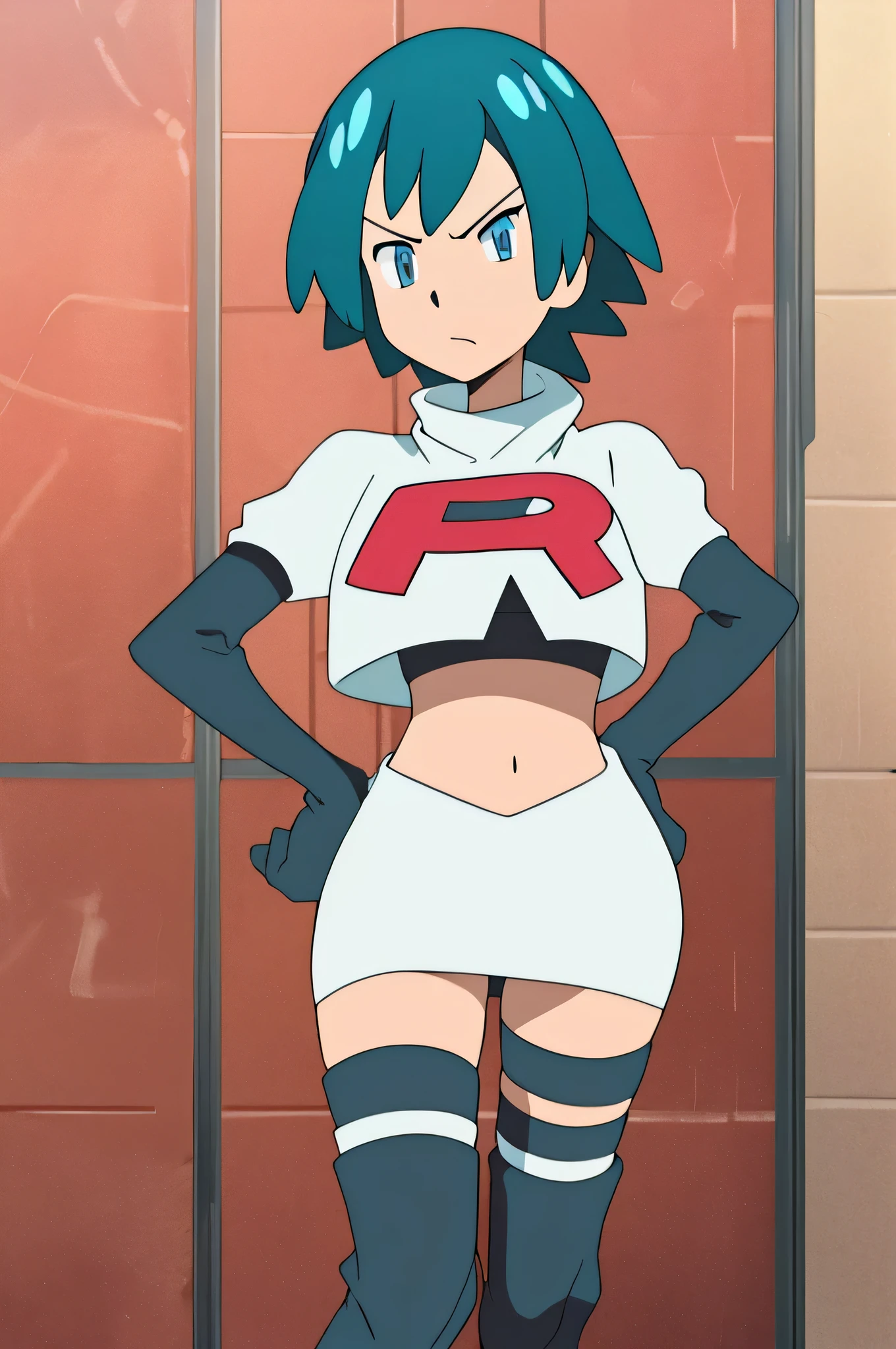 team rocket uniform, red letter r, white skirt, white crop top, black thigh-high boots, black elbow gloves, glaring angrily, looking at viewer, hands on hips, zettai ryouiki, FjormFE