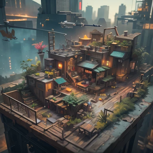 small realistic model, (bifurcation, original photo, best quality, masterpiece:1.4),SteampunkCyberpunk1916 City,(Cyberpunk light:1.3),on the table,horizon (related to land),(in a small nature box:1.3),Isometric, small nature, landscape on foundation,landscape,Distant focus