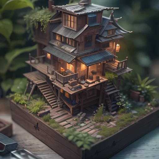 small realistic model, (bifurcation, original photo, best quality, masterpiece:1.4),SteampunkCyberpunk1916 City,(Cyberpunk light:1.3),on the table,horizon (related to land),(in a small nature box:1.3),Isometric, small nature, landscape on foundation,landscape,Distant focus