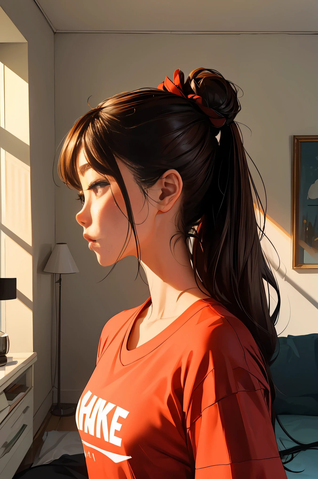 큰 거실가운데에 무선 cleaning기로 cleaning를 하고있는 female 사진, television , exquisite beautiful woman (ultra detail, masterpiece, best quality), Long brown hair tied together, wearing a red t-shirt (ultra detail, masterpiece, best quality: 1.1), (ultra detail, masterpiece, best quality :1.1) modern living room background, photorealism, cleaning 의인화된 개 cleaning, cleaning, very clean, realistic picture, 미래를 cleaning하다, expansive cinematic view, It's really realistic, cinematic view!!!, cinematic , - Height 7 6 8, Extremely realistic, cinematic perspective, very realistic, cinematic view, very very realistic, spectacular cinematic scene, cinematic movie image, realistic picture, Looks realistic, warm and beautiful scene, cinematic!!, cinematic ,of a good home.mature woman illustration, vigor ,Beautiful painting style, realistic art style, 현실적인 vigor 아트스타일, Ilya Kuvshinov with a long ponytail, vigor 스타일로, mysterious living room, female(masterpiece:1.4), (best quality:1.4),front,꽉 끼는 검은색 반바지 레깅스와 붉은색 티셔츠 입은 female, red t-shirt,Red Sport Bra ,There is a Nike logo on the right...,vivid colors, soft focus, Light leakage, dreamy atmosphere, experimental charm, Retro charm break color field painting, A variety of colors, abstract expressionism, bold hues, emotional impact, atmospheric depth, BREAK THE MINIMAL APPROACH, Beautiful woman, UHD (ultra detail) viewers who see it.., another, fancy, long hair, After tying the hair dyed brown back 🌈, White stardust in dark areas, absurd, high resolution, very detailed, (female 1명 : ), vivid colors, soft focus, Light leakage