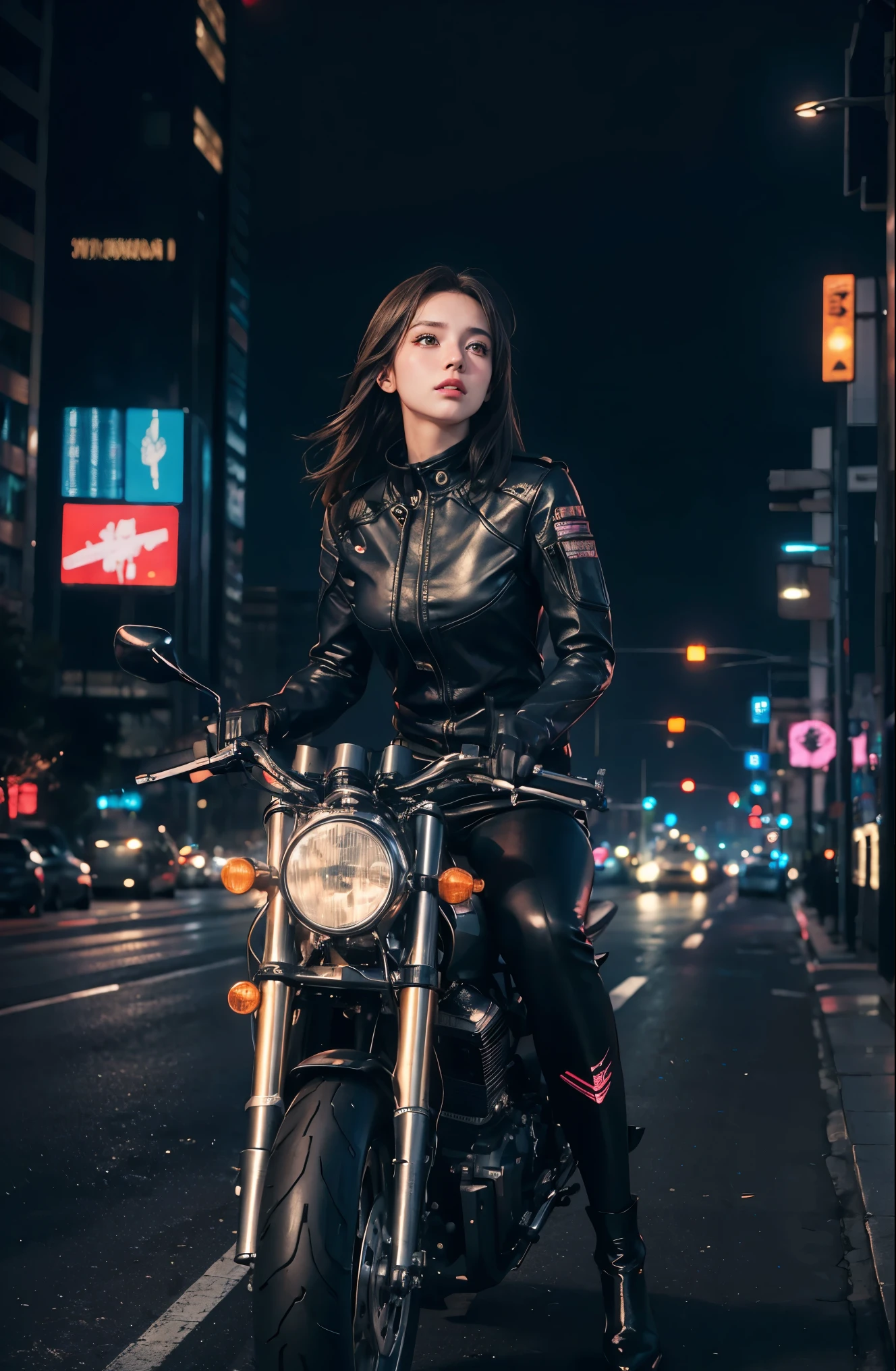 highest quality, masterpiece, photograph, 4K, photographrealistic, very detailed,
One girl riding a motorcycle, tech wear, cyberpunk city, alone, futuristic, With the Metropolitan Expressway in the background、background neon、wear open-chested clothes
