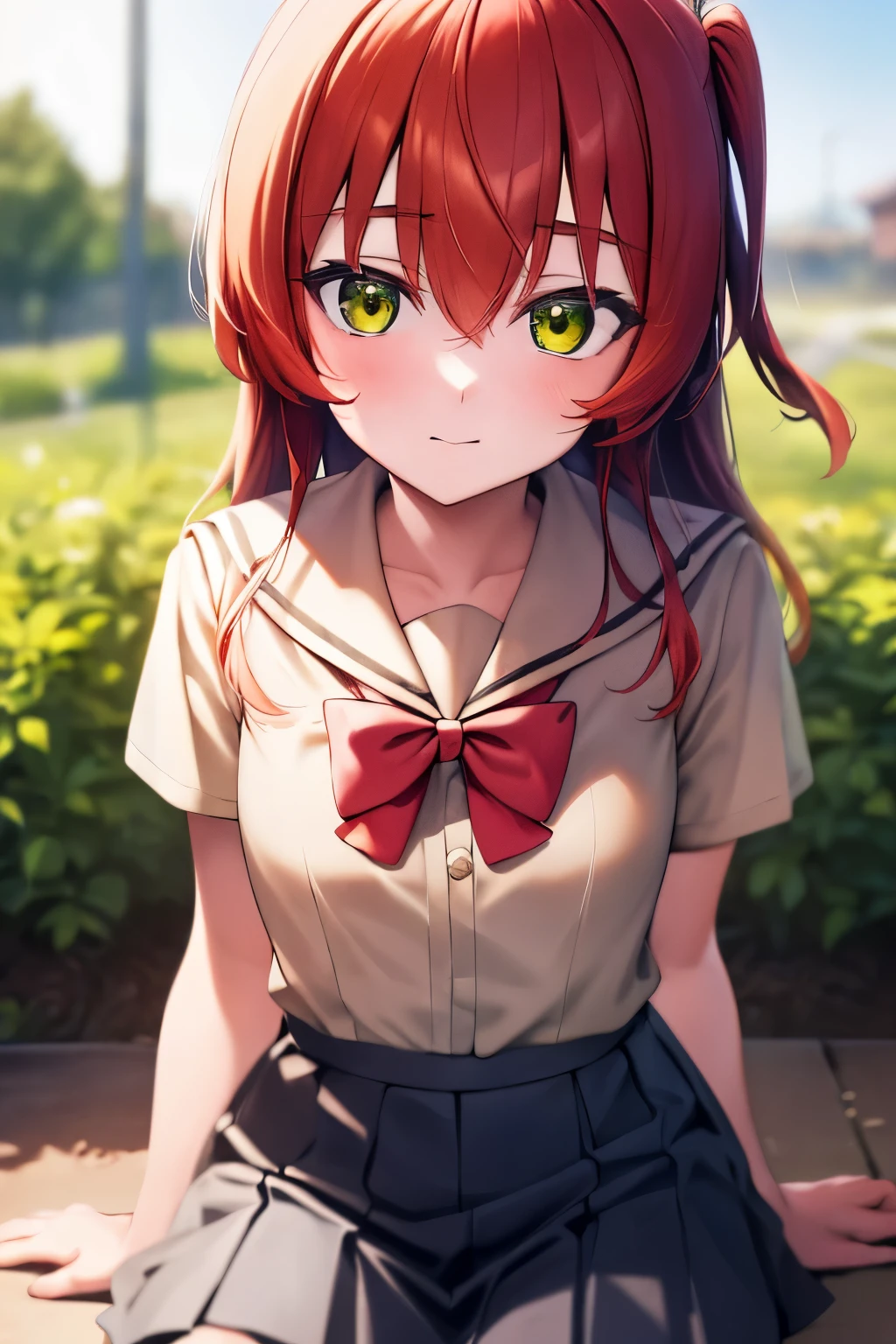 (masterpiece, best quality: 1.2), close-up photo, anime girl with red hair and white school shirt and red bow tie, yellow shirt buttons, greenish yellow eyes, depressed mood, sitting in the school garden , very detailed, best quality, perfect face , very high quality, very detailed, she is , gray black short skirt,