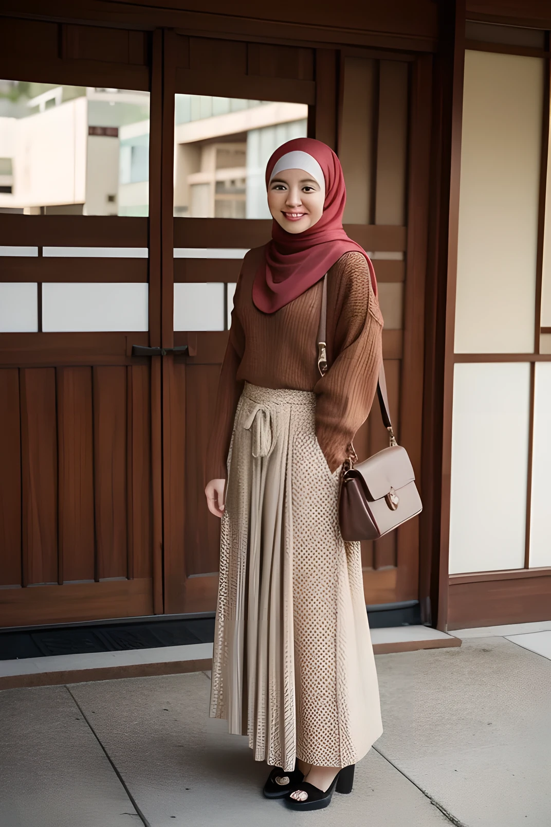 Woman wearing a hijab, wearing a brown sweater, standing near a Japanese building, wearing a long skirt, carrying a small bag, looking at the camera, smiling beautifully, the face of a genuine Indonesian.
