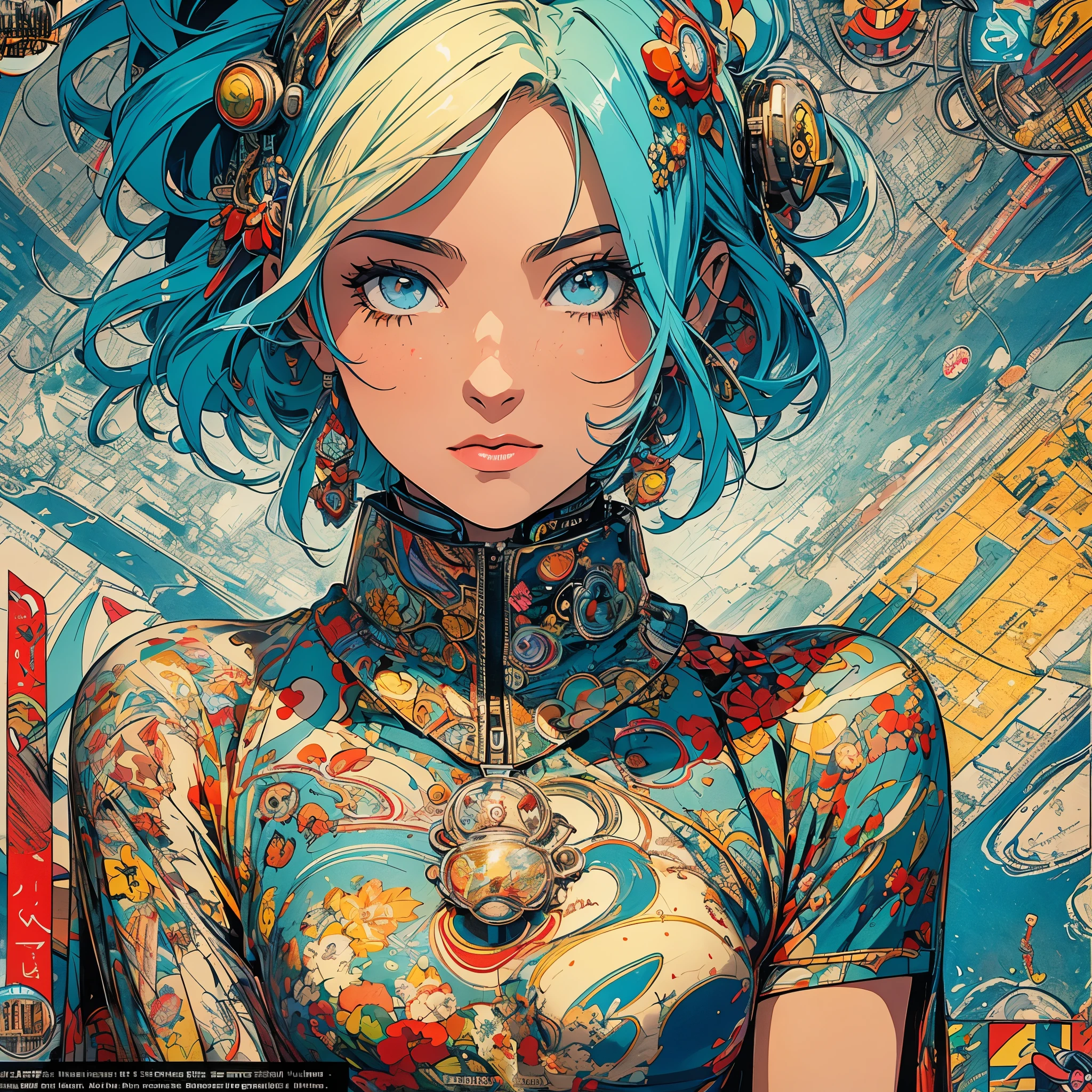 (masterpiece, highest quality), 32k,(A very detailed beautiful woman), poster,science fiction,1960s,1970's,bauhaus, shape, OK, abstract, propaganda,movie poster, vintage,retro,Futuristic,anime,ultimate map,Perfect rainbow,highlight,highly detailed eyes,