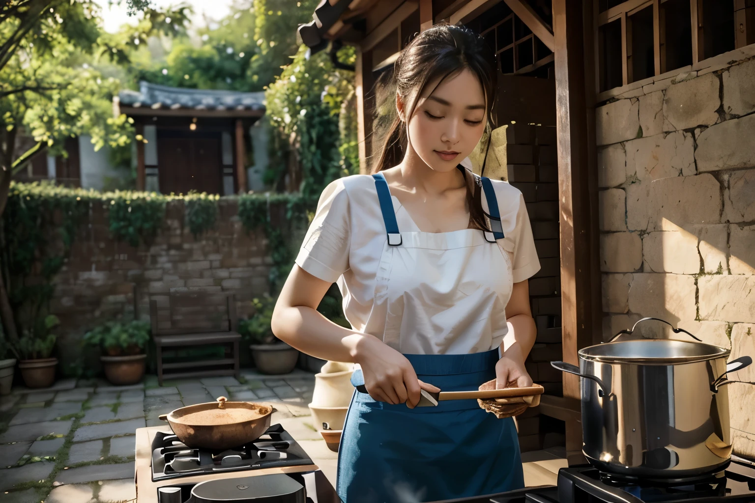 A Taiwanese woman is cooking sweet cakes in a large pot on the stove。 The stove is made of bricks,The flames are burning,Create a warm and comfortable atmosphere。 Woman skillfully stirs rice cakes with mallet,The aroma fills the air。 The scene takes place in a picturesque country courtyard,Surrounded by lush greenery。 The images are presented in a realistic style,Capture every detail clearly and vividly。 Rich in color、Energetic,Enhances the overall liveliness of the scene。 Aspect ratio is 3:2,The style model is --real。