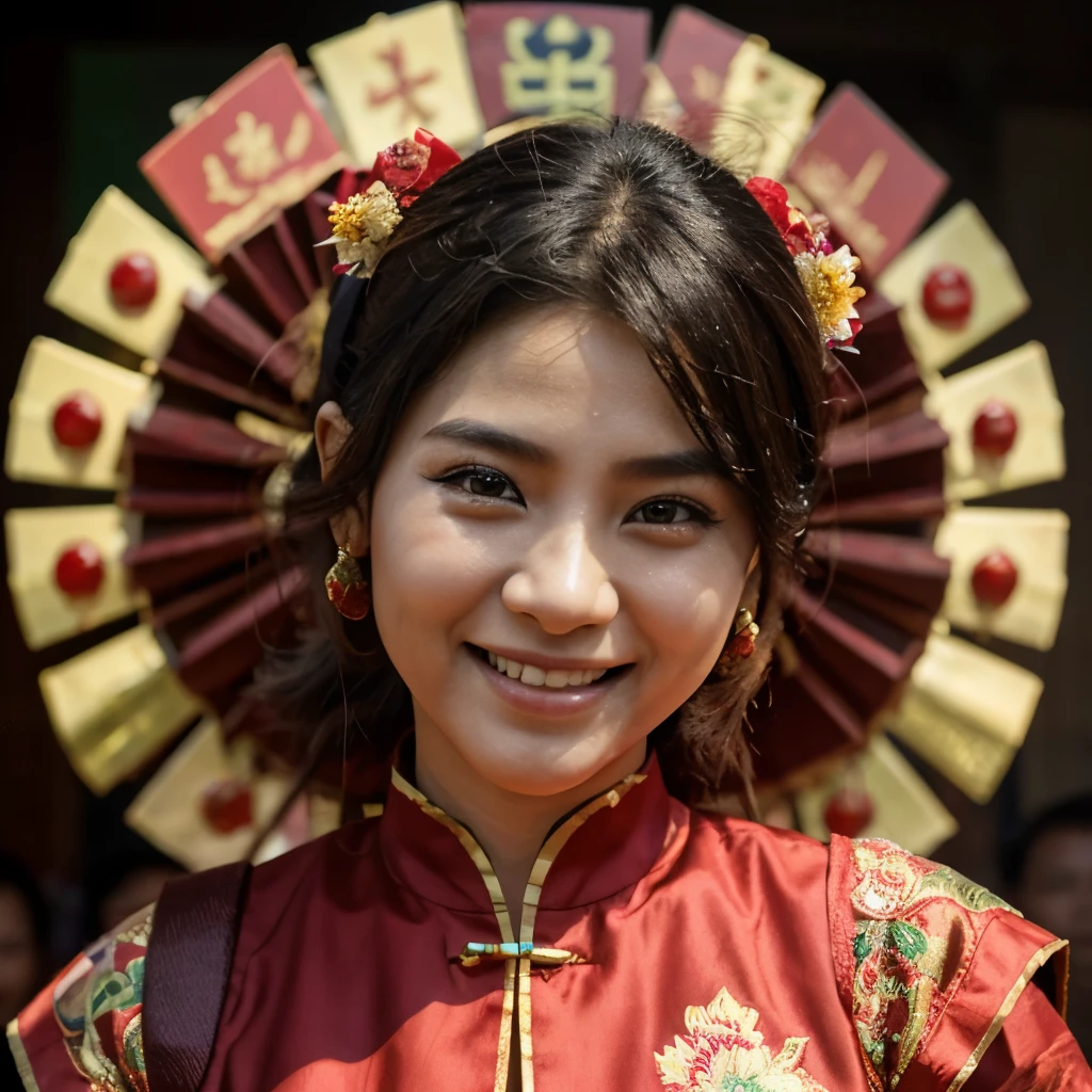 Realstic digital photo of myanmar peoples very happy abd smile at chinese new year 2024,They wear myanmar longyi