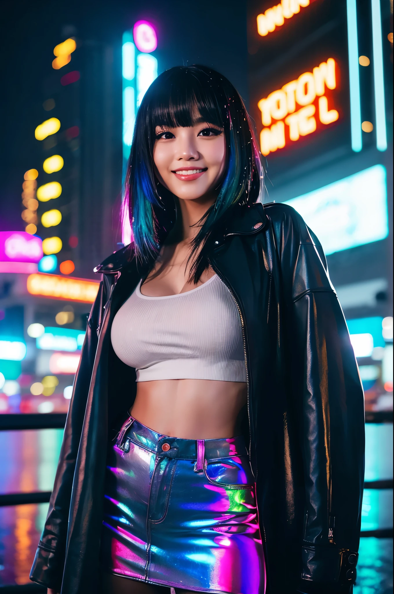 A beautiful Asian girl age 22 with dark hair, with bangs, makeup, full lips, big eyes, flirty smile, standing in the rain in a super futuristic cyberpunk city at night, wet, rain, blade runner, neon lights, (colorful), bokeh, cinematic, cyberpunk, rave, futuristic, giant breasts, thin waist, wearing an open raincoat, detailed, dreamy, masterpiece, 8k