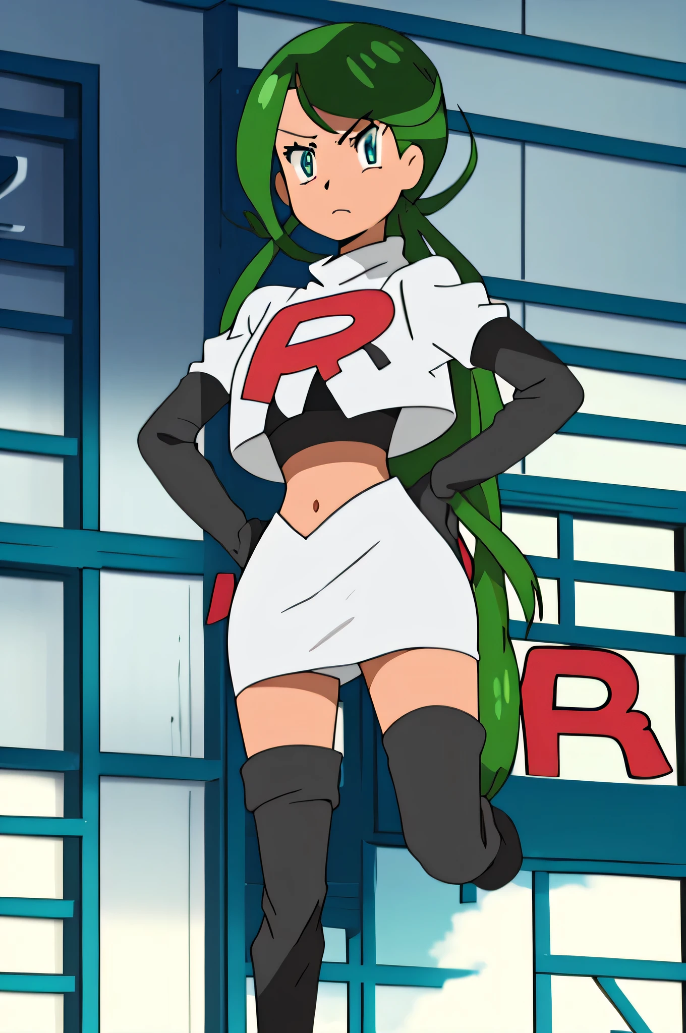 team rocket uniform, red letter r, white skirt, white crop top, black thigh-high boots, black elbow gloves, glaring angrily, looking at viewer, hands on hips, zettai ryouiki, PallaFE