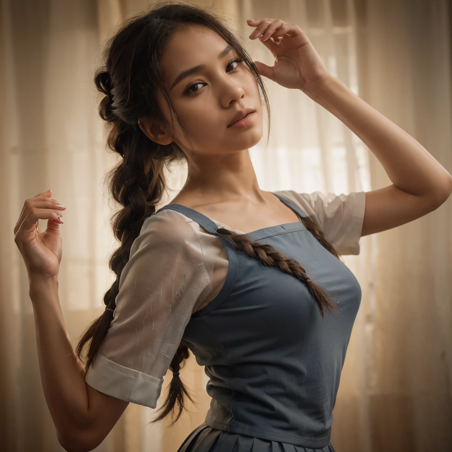 hyper ultra realistic photography, dramatic light, dynamic model pose, full body of beautiful sundanese Indonesian girl, 18 years old, detail face, moist skin, long black hair braid hairstyle, raise her hands, wearing indonesian high school uniform, wear short blue grey skirt, environtment on dramatic light tungsten, HDR10, photo by analog camera Nikon D850 f/16, high detailed, good & perfect anatomy, hand & fingers, lora:add_detail:0.8