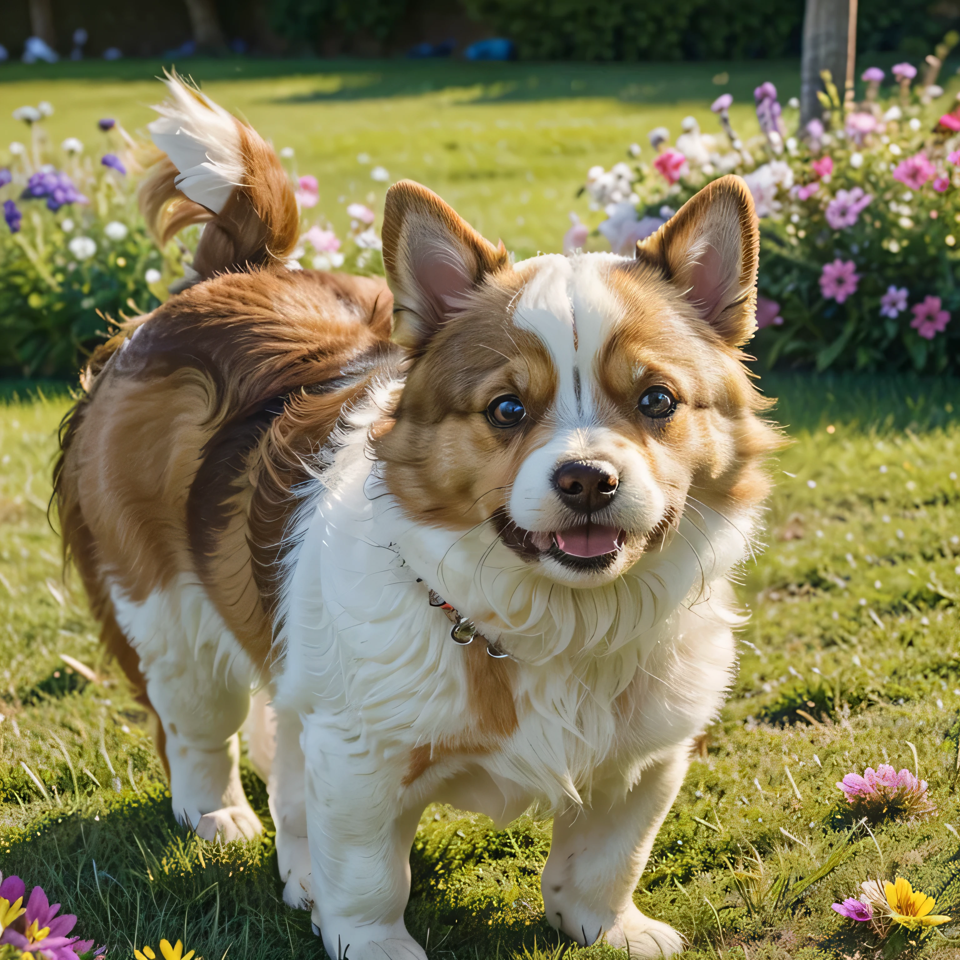 A cute dog, fluffy fur, bright and expressive eyes, playful and energetic, wagging tail, wet nose, adorable facial expression, surrounded by vibrant flowers and green grass, natural lighting, vibrant colors, detailed fur texture, realistic and lifelike, high-resolution illustration or photograph style, with a touch of warmth in the color tone.