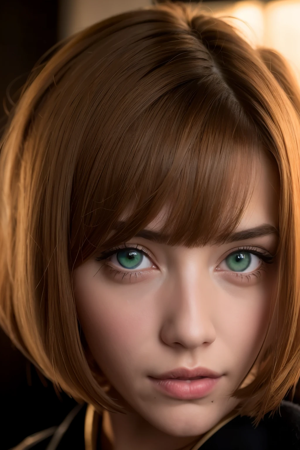 a close-up of a woman with one green eye and a green shirt, French bobsleigh hair, short brown hair and big eyes, French bobsleigh, mit kurzen Haaren mit Pony, kurzes braunes Haar mit Pony, Soft Portrait Shot 8K, hyperrealistischer Teenager, gepflegtes Haar mit Pony, Precise, ultrarealistische Gesichter, Ultra - Realistische Gesichter, Maia Sandu hyperrealistisch