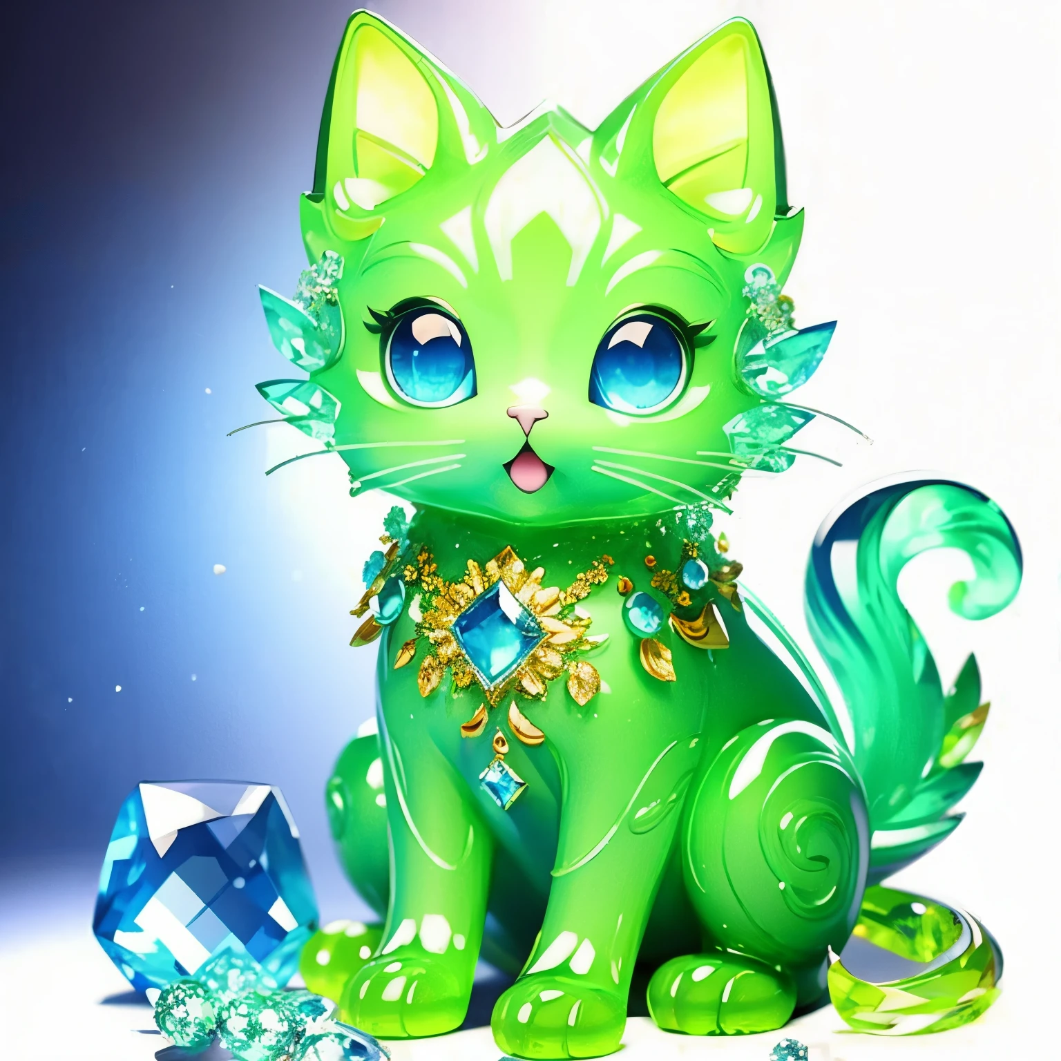 (masterpiece, best quality:1.2), Crystal Cat, alone,whole body,blue eyes,blue theme,looking at the audience,open mouth,emerald \(gem\)