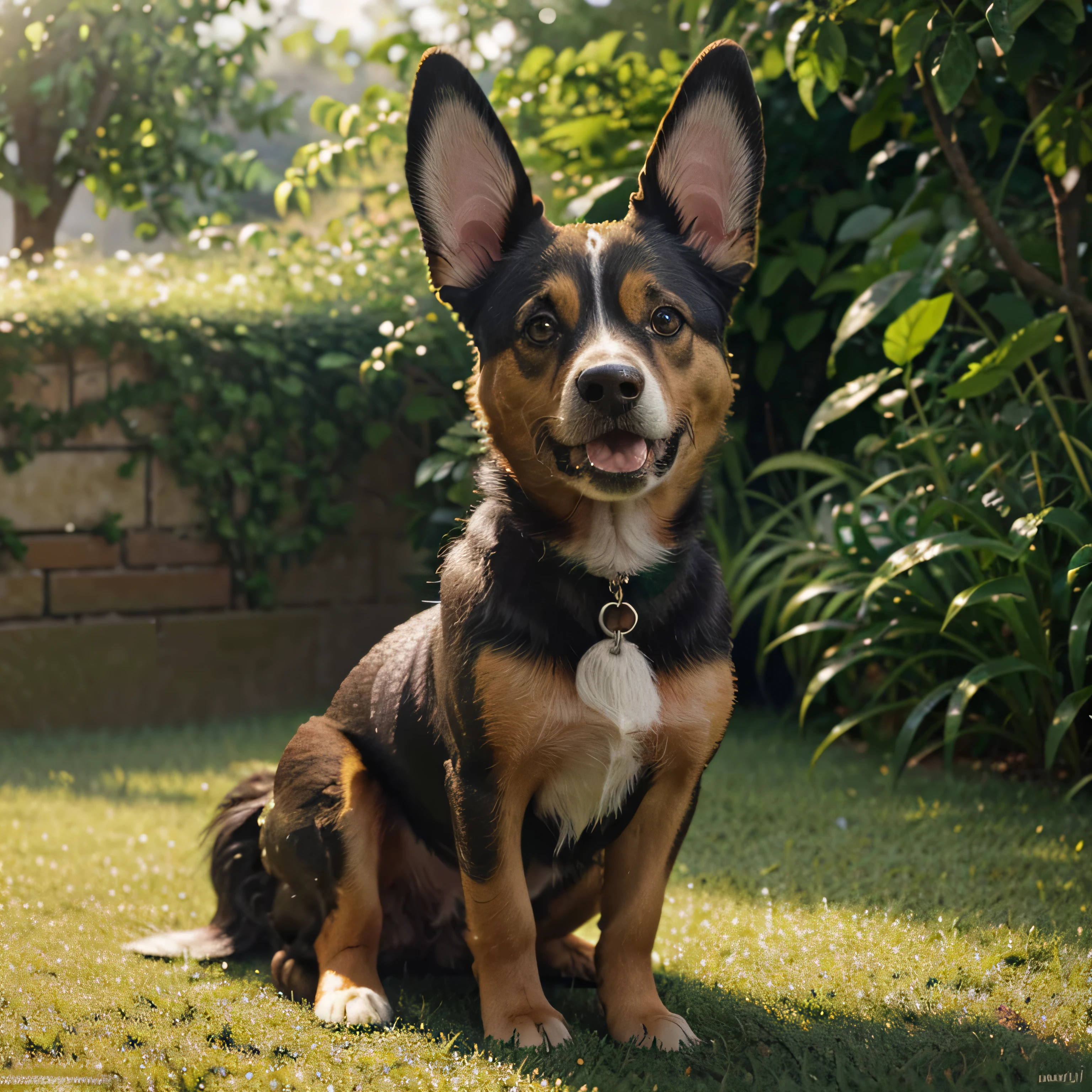 a dog with expressive eyes, furry ears, and a wagging tail,playing in a lush green garden,drenched in warm sunlight,medium: oil painting,highres,ultra-detailed,realistic,photorealistic,vivid colors,soft lighting