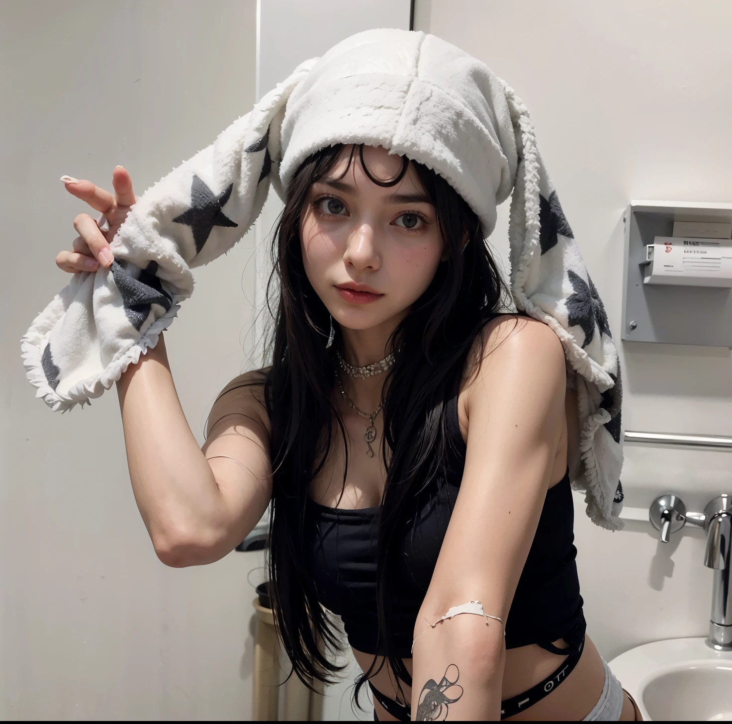 araffe woman with a towel on her head in the bathroom, soft devil queen cerveja madison, with long drooping rabbit ears, com orelhas de coelho, cerveja madison as leeloo, quanto, cabelo preto e franja branca, using cybernetic bunny ears, Bella Poarca, cerveja madison, 18 anos de idade, cabelo com franja branca