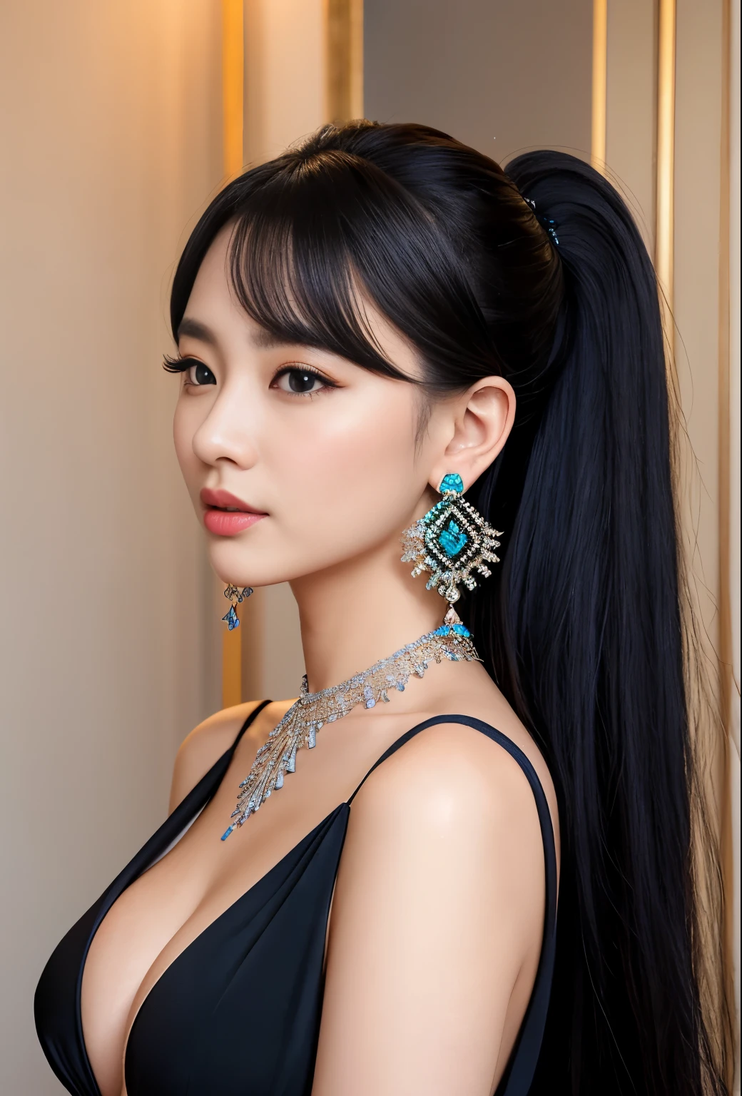 (masterpiece, best quality), intricate details, realistic, photorealistic, a close up of a woman wearing earrings, inspired by korean long girls, draped in crystals, silver color, long earrings, korean looks, huge earrings, 2019, blue-eye, long open black dress, big breast, 21 years old, cute girl, same face all image