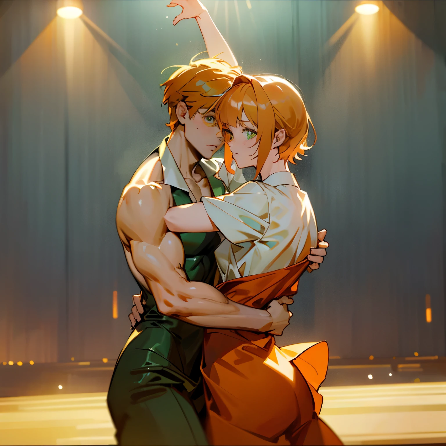 party, no blouse, tall man, adult, anime, dancing, lighting, orange hair, green eyes, beautiful, detailed, super detailed scenery, broad-shouldered man, people on stage, dancing, whole character, dancing, no blouse showing muscles, just one man, no clothes