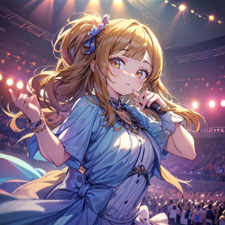 8K,highest quality,High resolution,Draw in detail,masterpiece,Two dimensions,young girl,cute,((round face,thin hair,Straight Bob,Wolfhair,long eyes, body shape)),Idol,Idolのような衣装,Idolのようなポーズ,concert venue