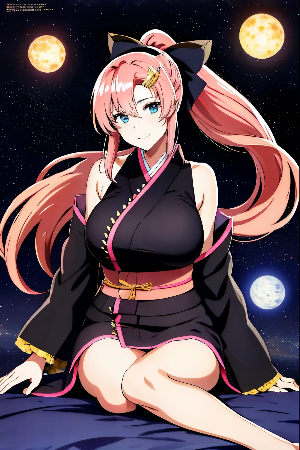 masterpiece, highest quality, High resolution, Lux 3, 1 girl, alone, Lux 3, pink hair, short kimono, blue eyes, hair ornaments,Lux Klein、 very long hair, black sleeves, No sleeve, kimono, bow, black kimono, hair bow, ponytail, floating hair, hair between eyes, big breasts, sitting, sheet, spaceship, smile, armpit,