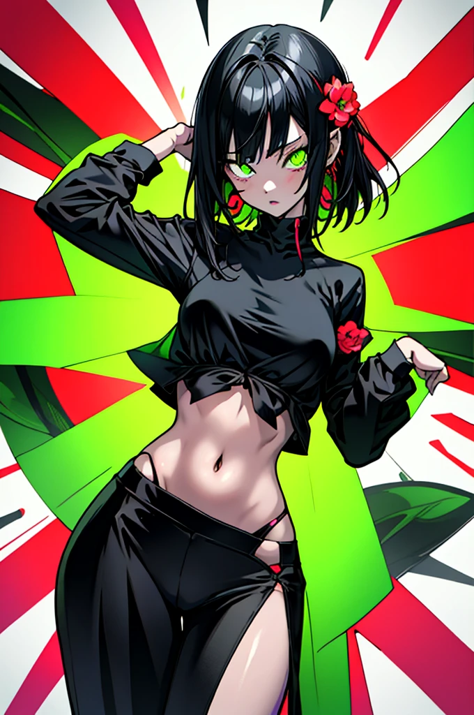 anime album cover phonk horror, one eye neon green, Girl succubus, with neon red flowers, masterpiece, ultra quality, Creative design, Detailed drawing of clothes, (open sweatshirt), open belly, open waist, exposed hips, in half a turn,