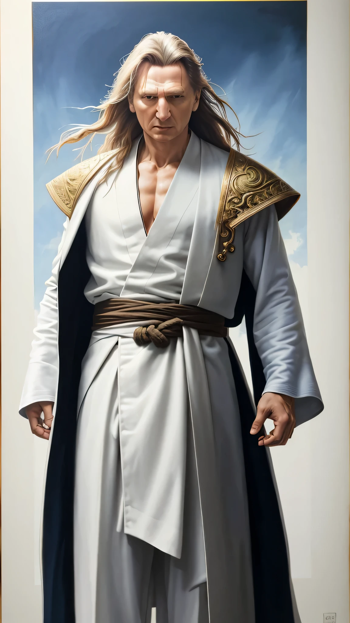 Liam Neeson as Fujin from Mortal Kombat, God of Wind, elements of air, tall and muscular figure, long, flowing white hair, bright blue eyes, traditional robe, accessories adorned with wind motifs, intricate, high detail, sharp focus, dramatic, photorealistic painting art by greg rutkowski