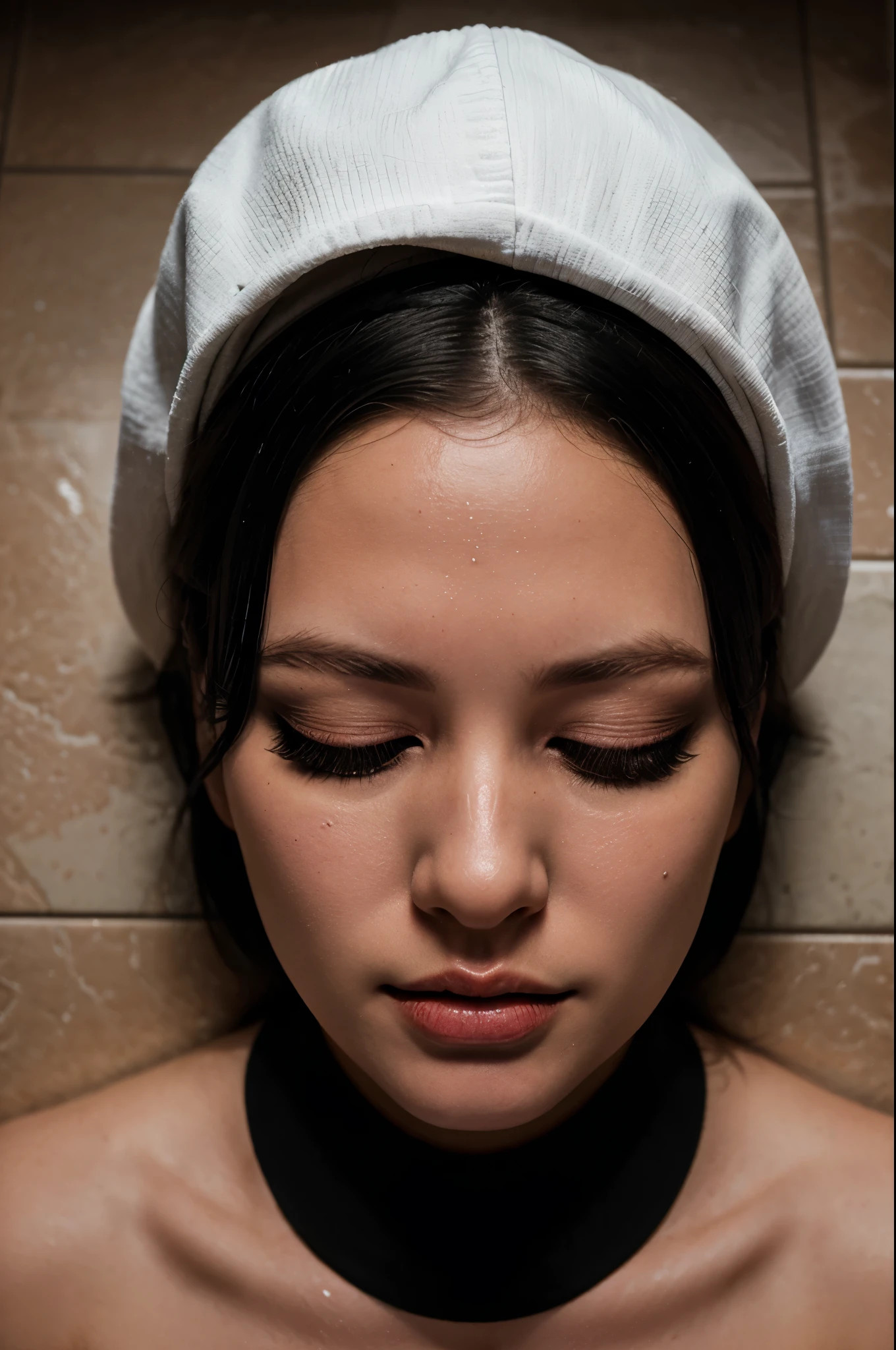 ung woman, pale flawless skin, wearing black bra and hijab, kneeling, half body shot, (white milk dripping from forehead), loads, kissing lips, frontal shot, spitting saliva from lips