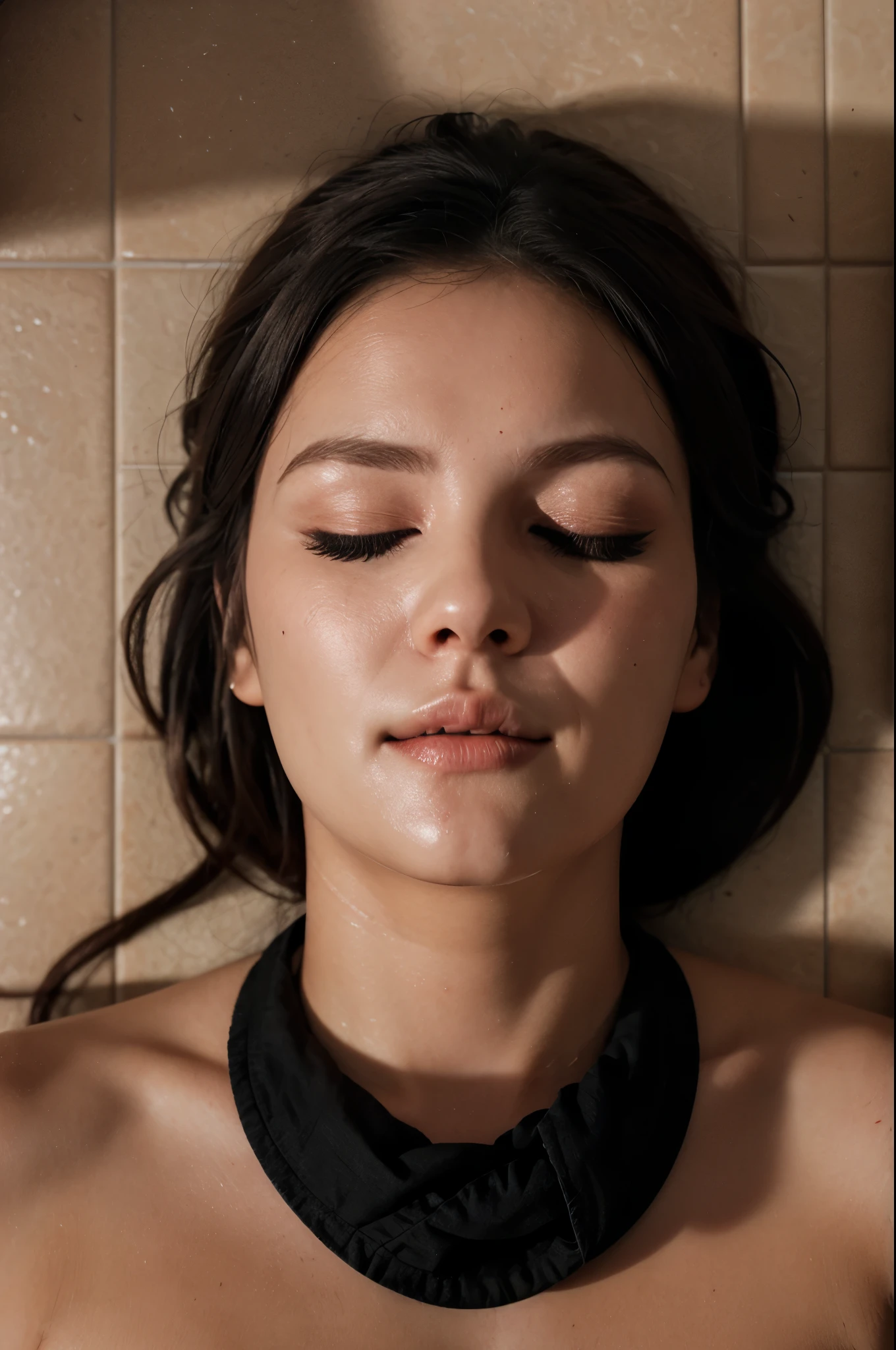 woman's severed head on tile floor, ((eyes closed)), photorealistic, 4K, Nikon, horror