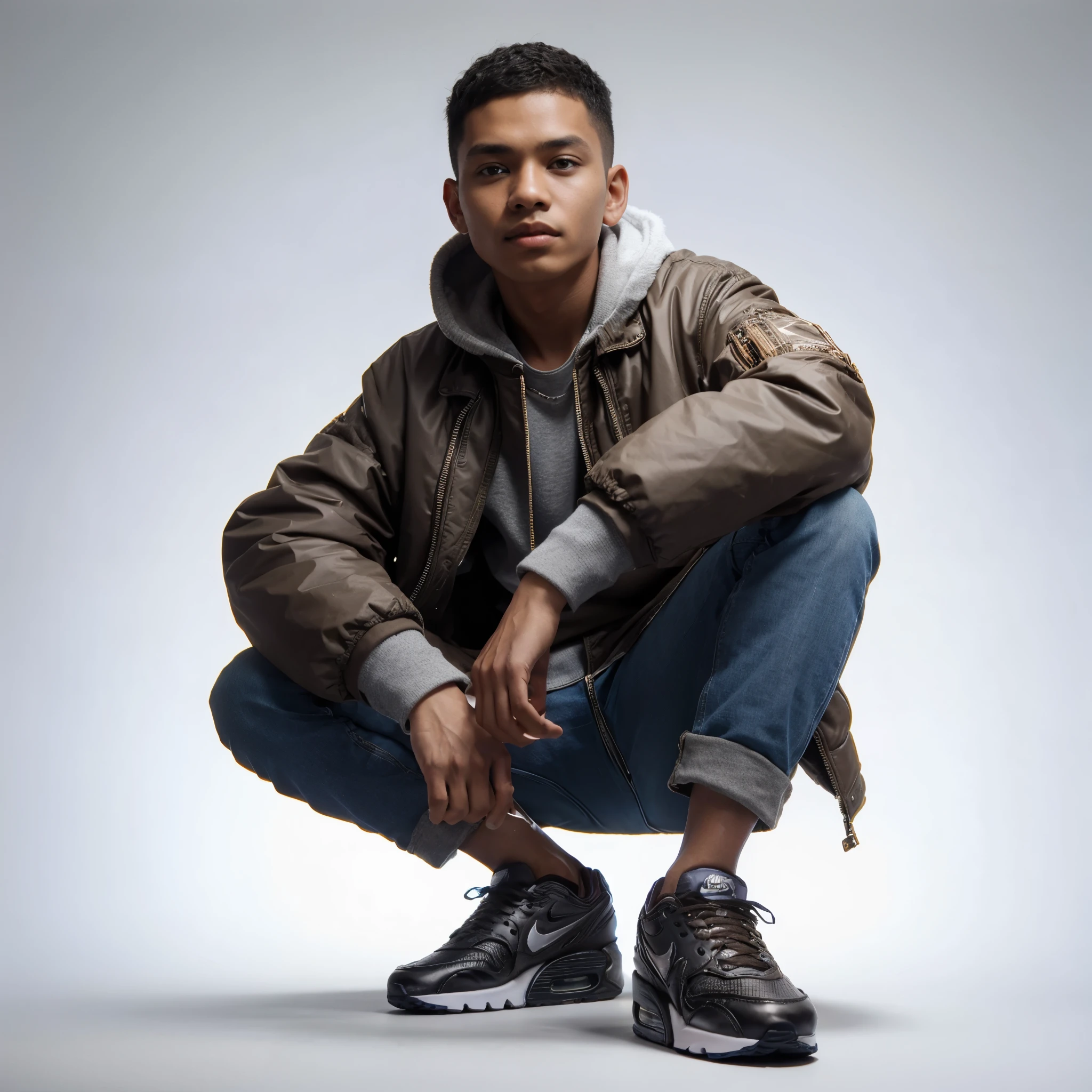 masterpiece of a 15 year old boy (Indonesian) brown skin, jacket, shaved hair in Short Caesar Cut style, wearing Nike (Air Max) shoes, sitting, in the studio, calm pose, very detailed, bright picture, bright white background, shooting, photography, realistic, 8k in photorelism