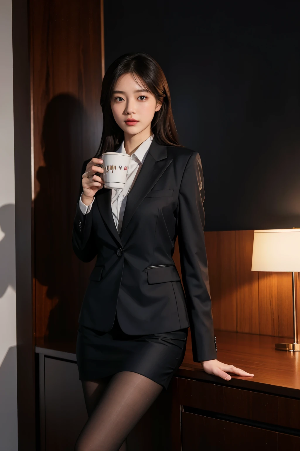 (masterpiece), ((best quality)), (masterpiece,best quality,official art,Extremely detailed CG unified 8k wallpaper), , Beauty photo, a lady，alone,Elegant upper class elite secretary wearing business shirt,perfect appearance，Double eyelid eyes，Exquisite makeup，Wearing clothes with exposed buttocks，working in an office,Wearing a strict suit, Wear pantyhose,穿高档High heel,Girl in shirt, wearing a suit, huge ,whole body女爱,wearing a suit, wearing a suit, merchant, business attire, wearing black suit, Wear a shirt and skirt, Woman in a suit, business attire，Chair，standing posture，Holding a coffee cup，High heel，whole body，view viewer，bright，intricate details，textured skin, UHD, ccurate, high quality, high details, award winning