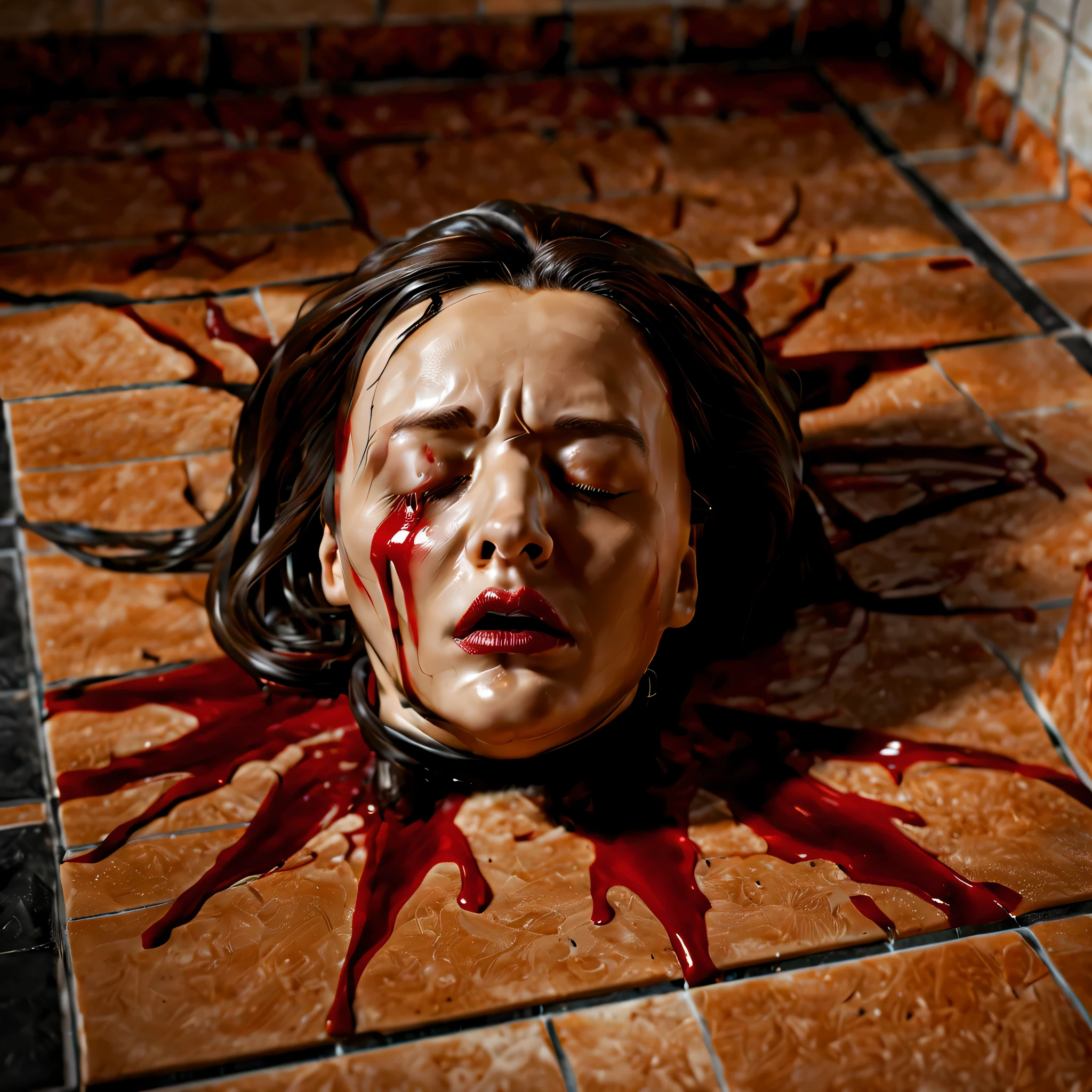 woman's severed head on tile floor, ((eyes closed)), photorealistic, 4K, Nikon, horror